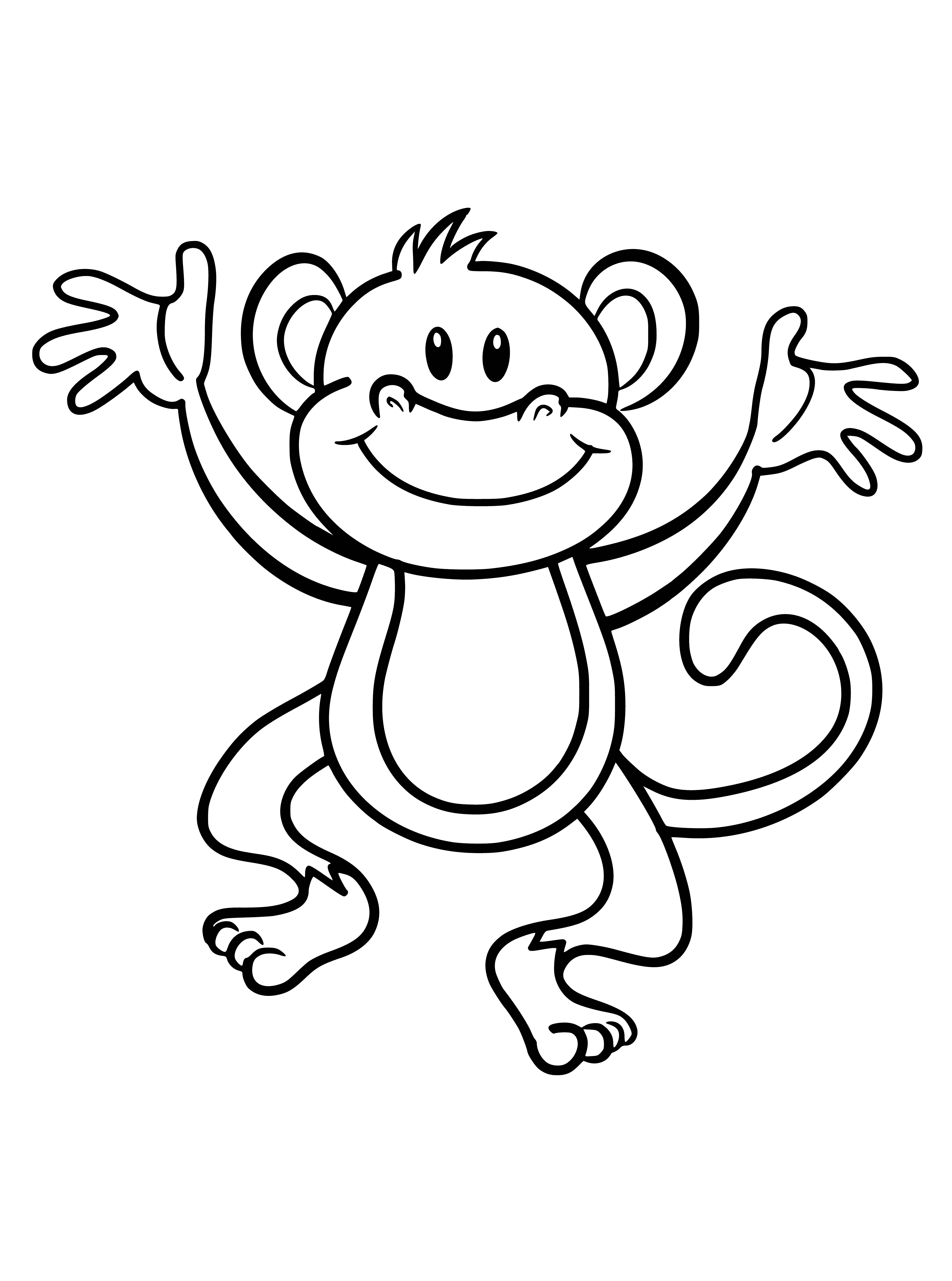 coloring page: Small troop of monkeys huddled in trees; light brown fur, some darker patches, big eyes, small ears, and open mouths showing teeth. Grooming & playing.