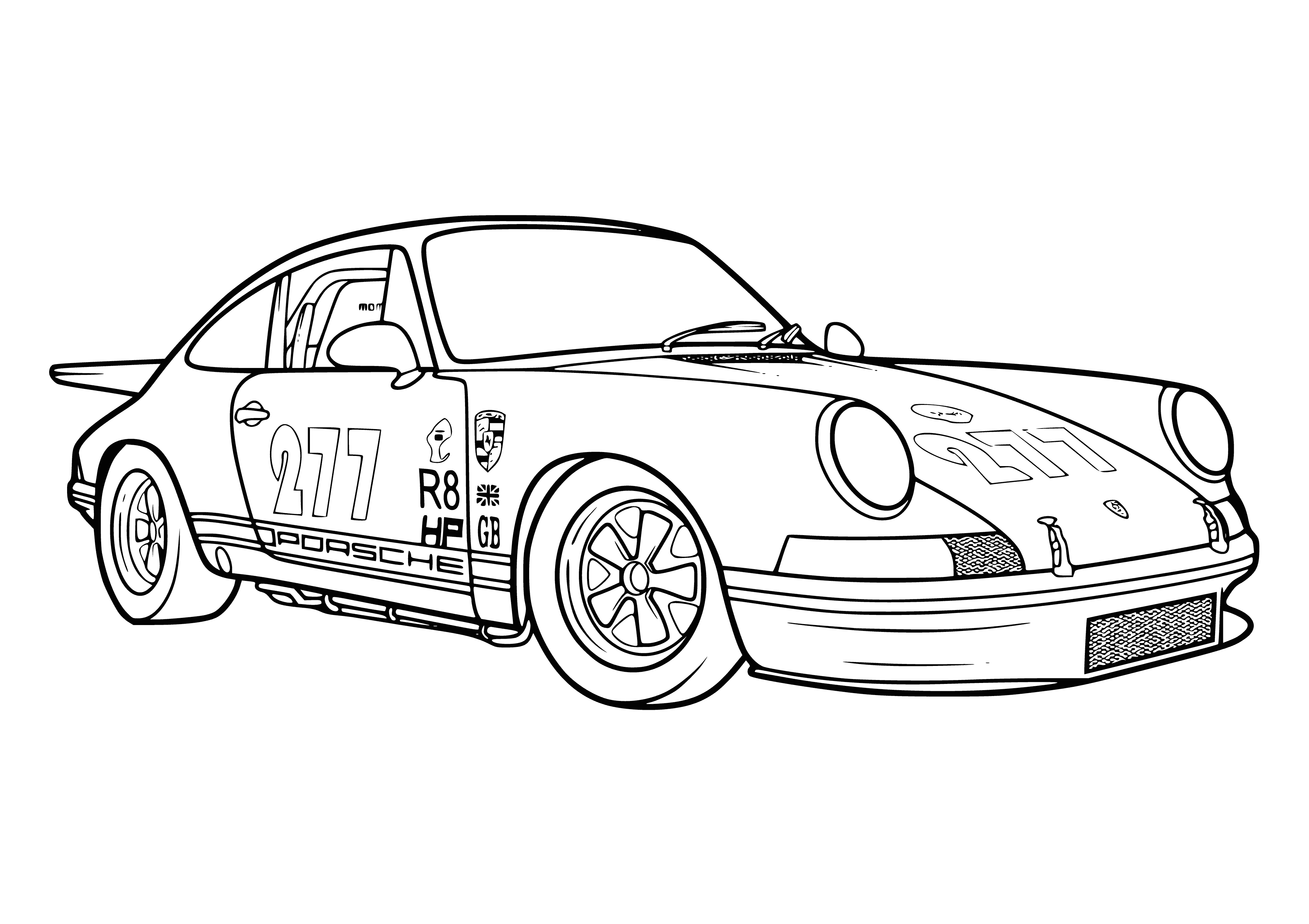 coloring page: Porsche car has a unique, aircraft-inspired design; wide stance, low-profile tires, long hood & carbon spoiler give it aerodynamic agility & excellent handling.