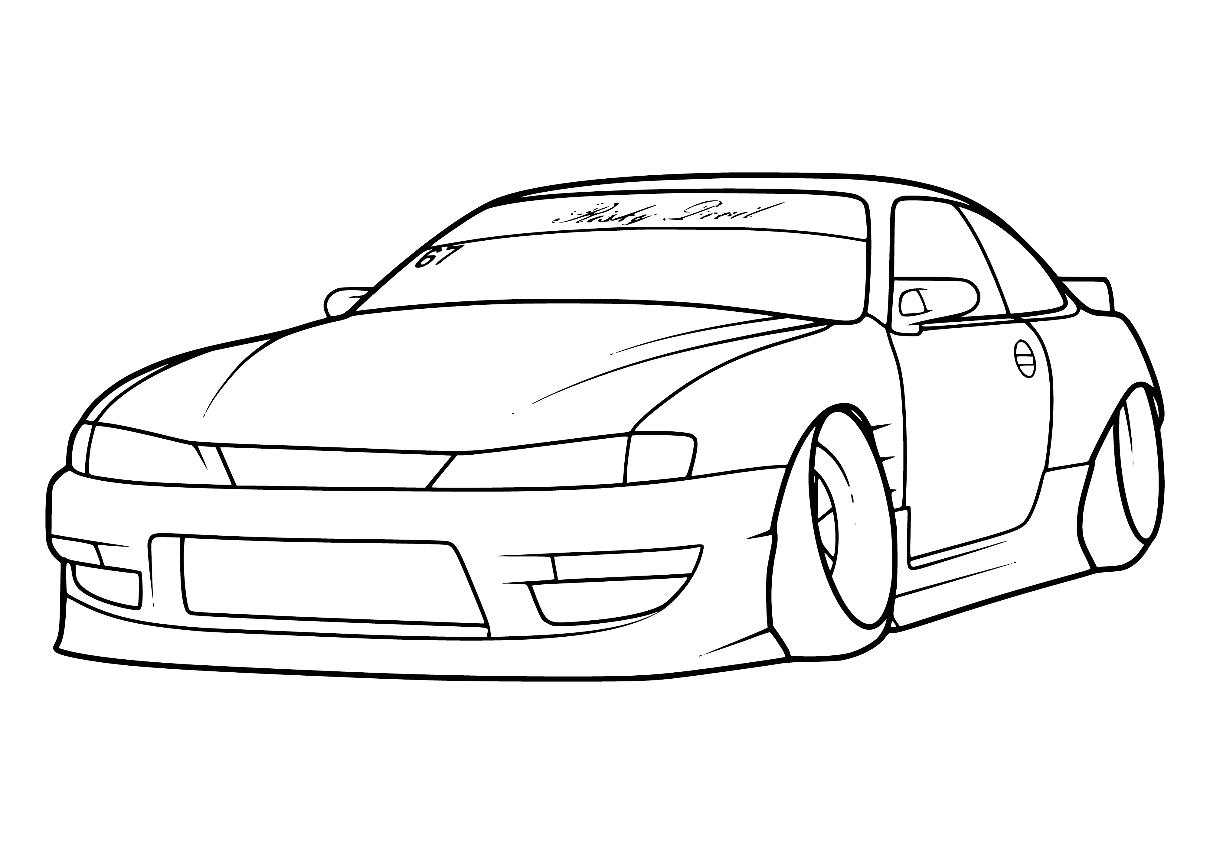 coloring page: Light blue car on city street: 4 doors, silver trunk, windows tinted.
