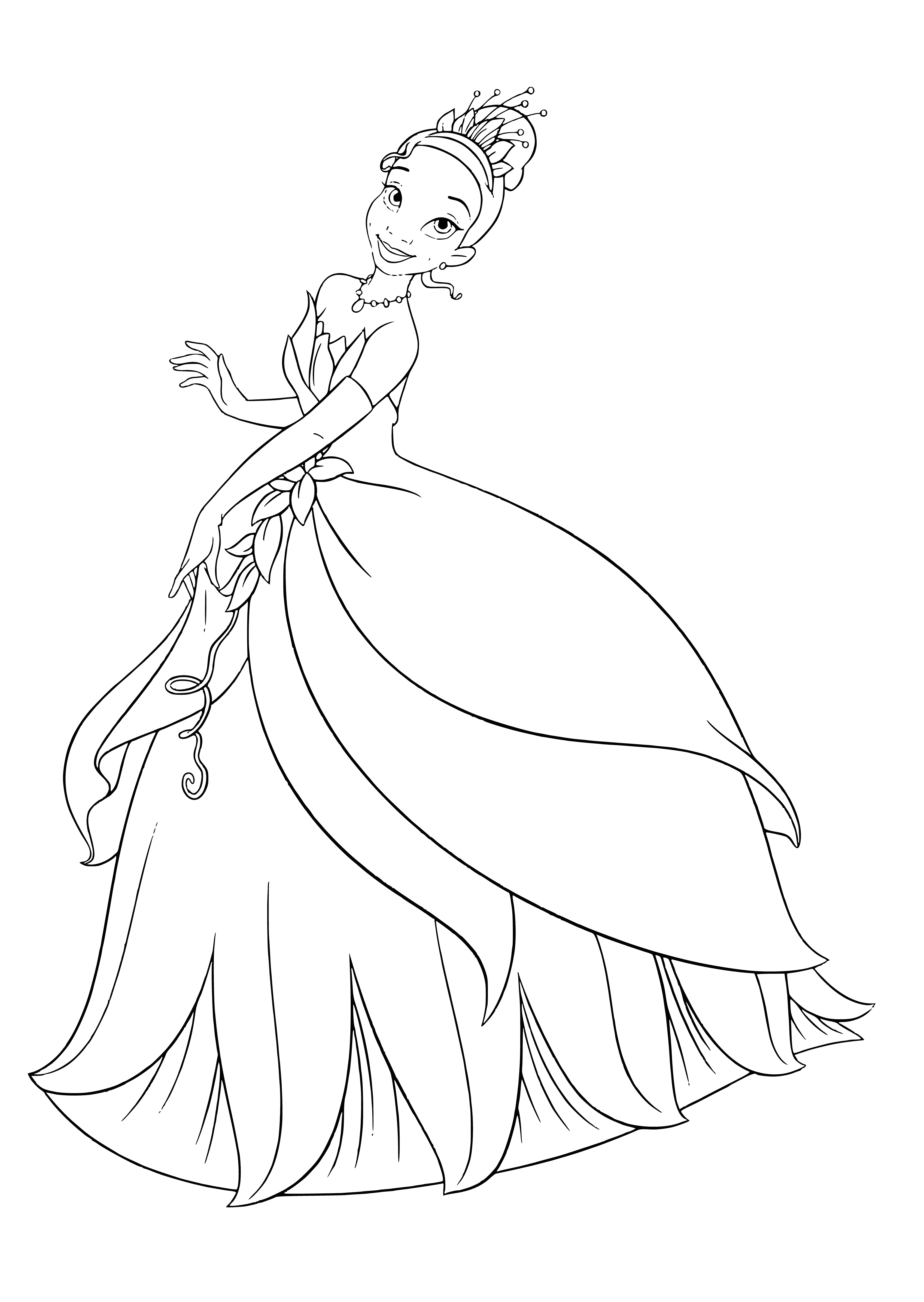 coloring page: Princess Tiana kneels gracefully in a green dress, purple sash, & gold tiara, a purple frog prince perched on her shoulder.