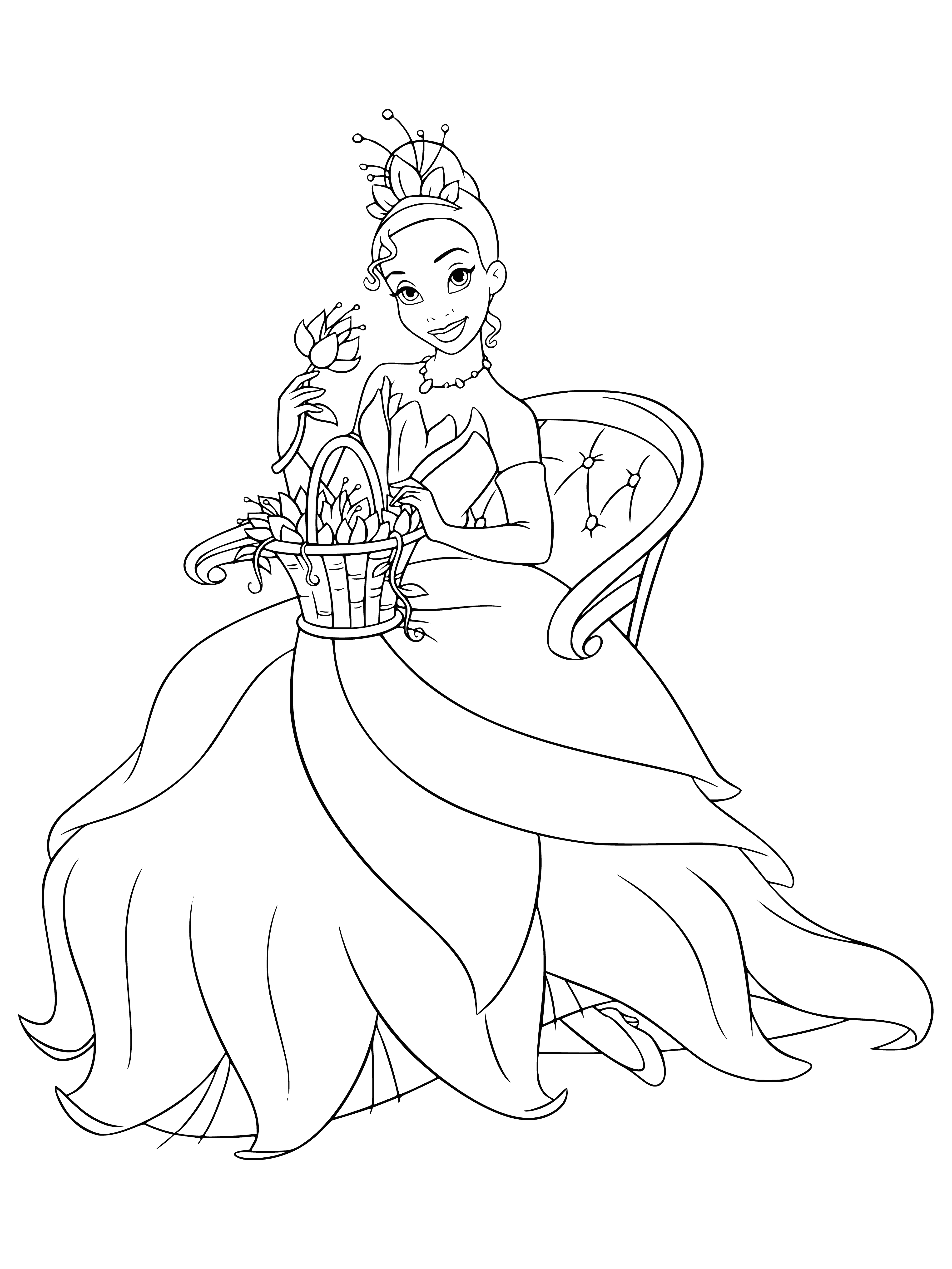 coloring page: Beautiful princess holding a bouquet of flowers stands in a field, with a castle on a hill in the background. She wears a white dress and a purple cloak. #princess