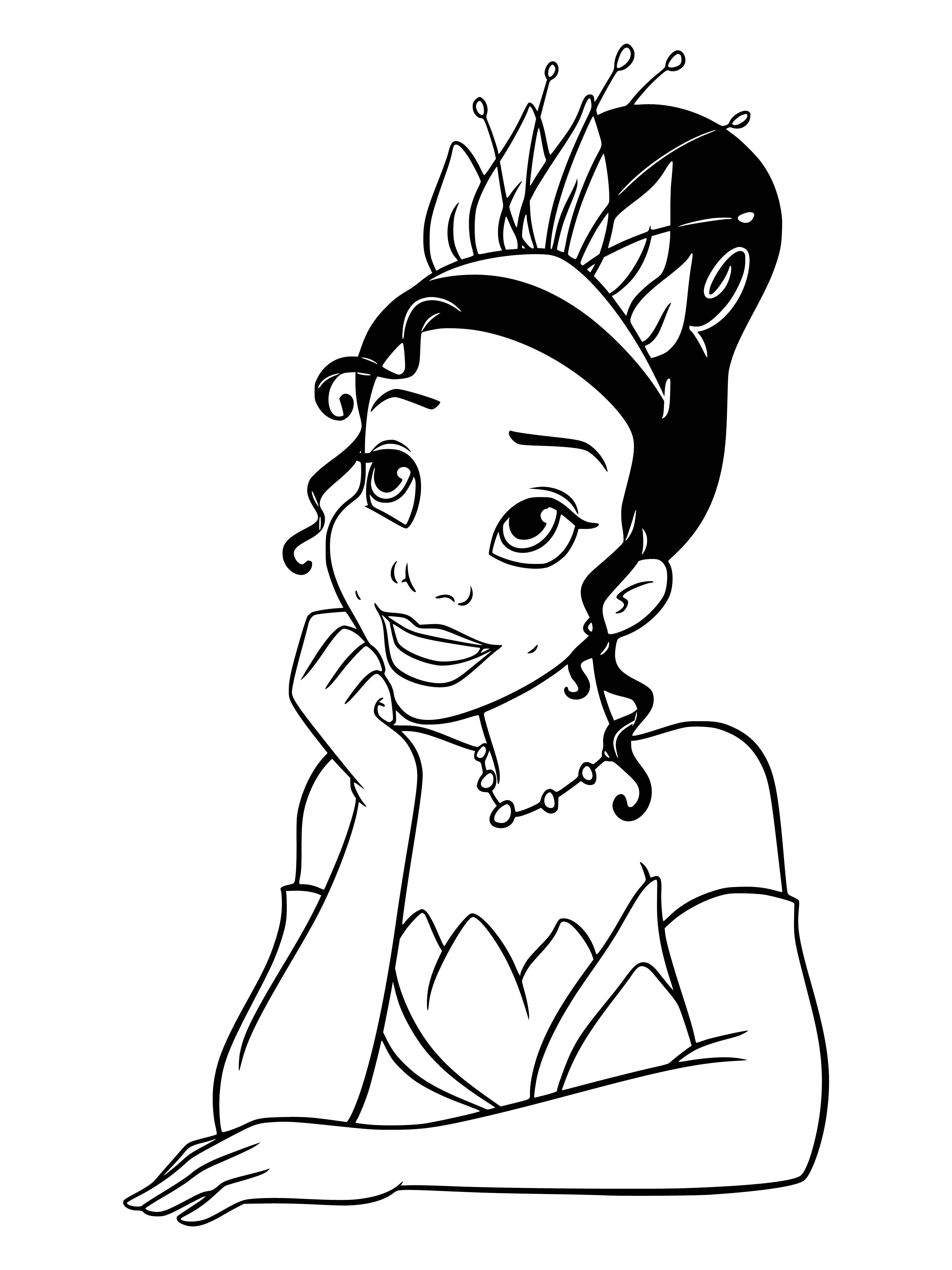 coloring page: Tiana dreams of becoming a princess with a tiara and smile in front of a castle in a beautiful dress.