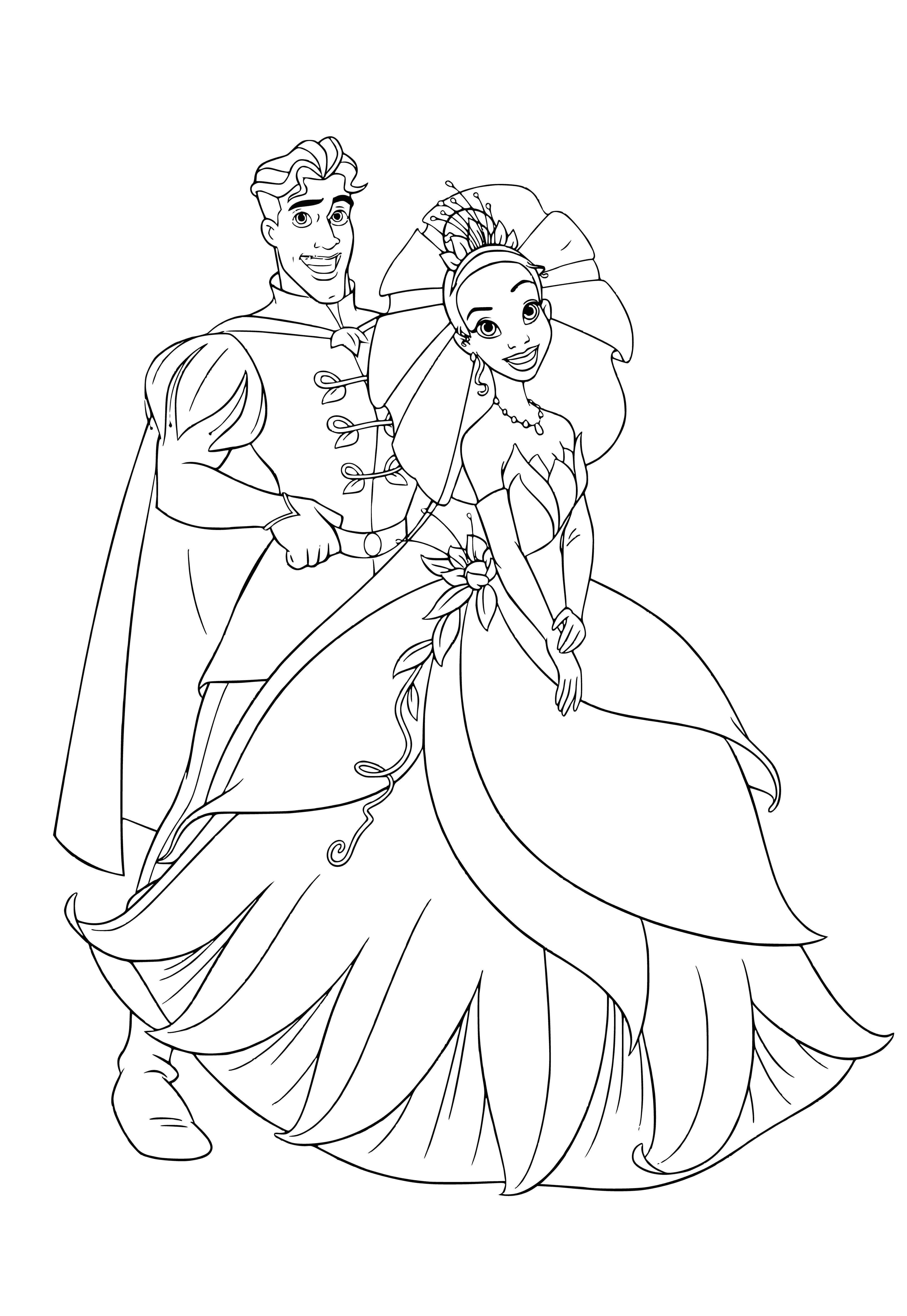 coloring page: Young woman & man look at each other & smile; she holds a blue flower--likely Princess Tiana & Prince Naveen. #disneyprincess