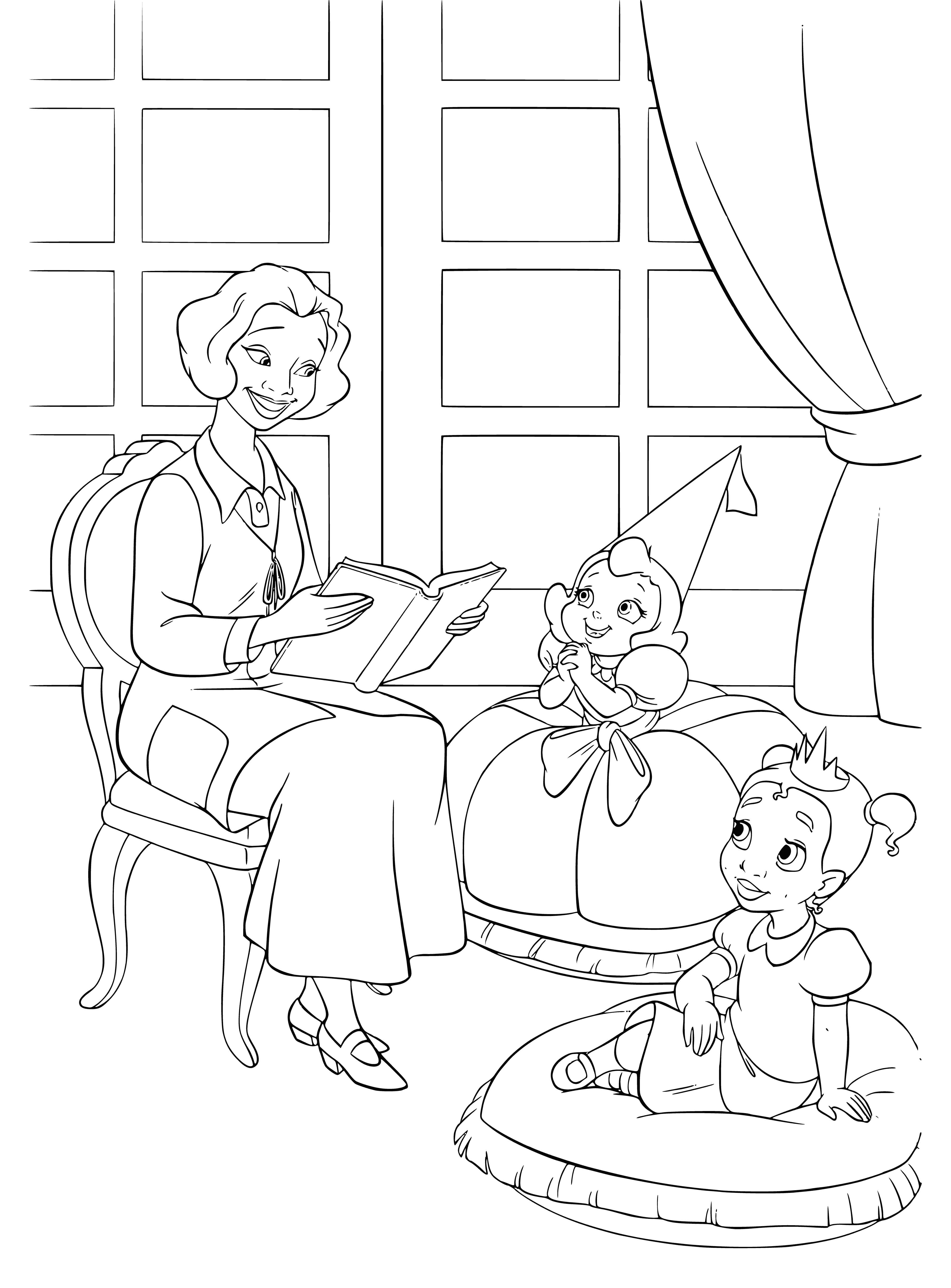 coloring page: Mom reads to 2 children, enthralled by "The Princess and the Frog."
