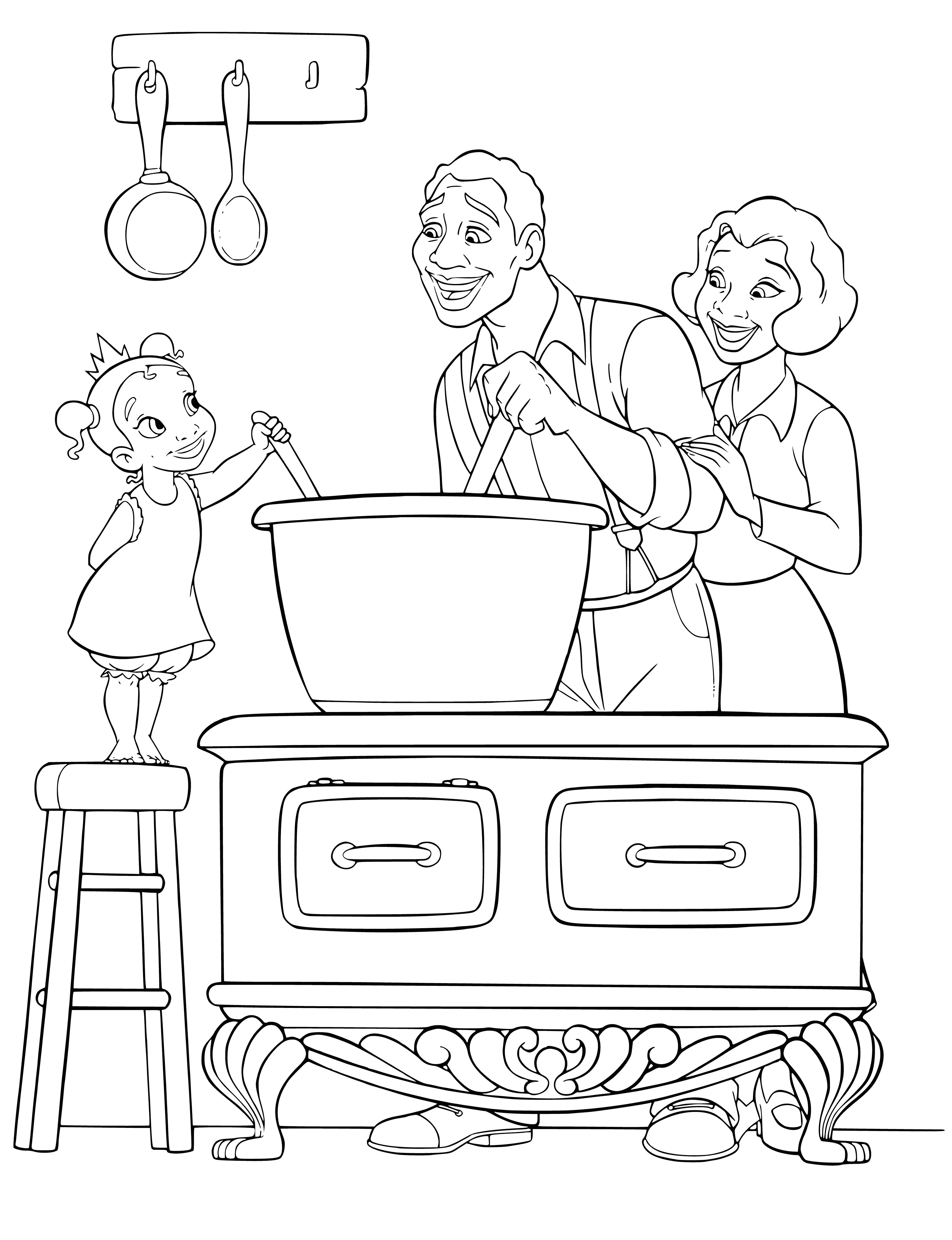 coloring page: Tiana is a young black girl cooking up her dreams in the kitchen. Gathered around her are various cooking utensils, eggs, flour, and sugar.