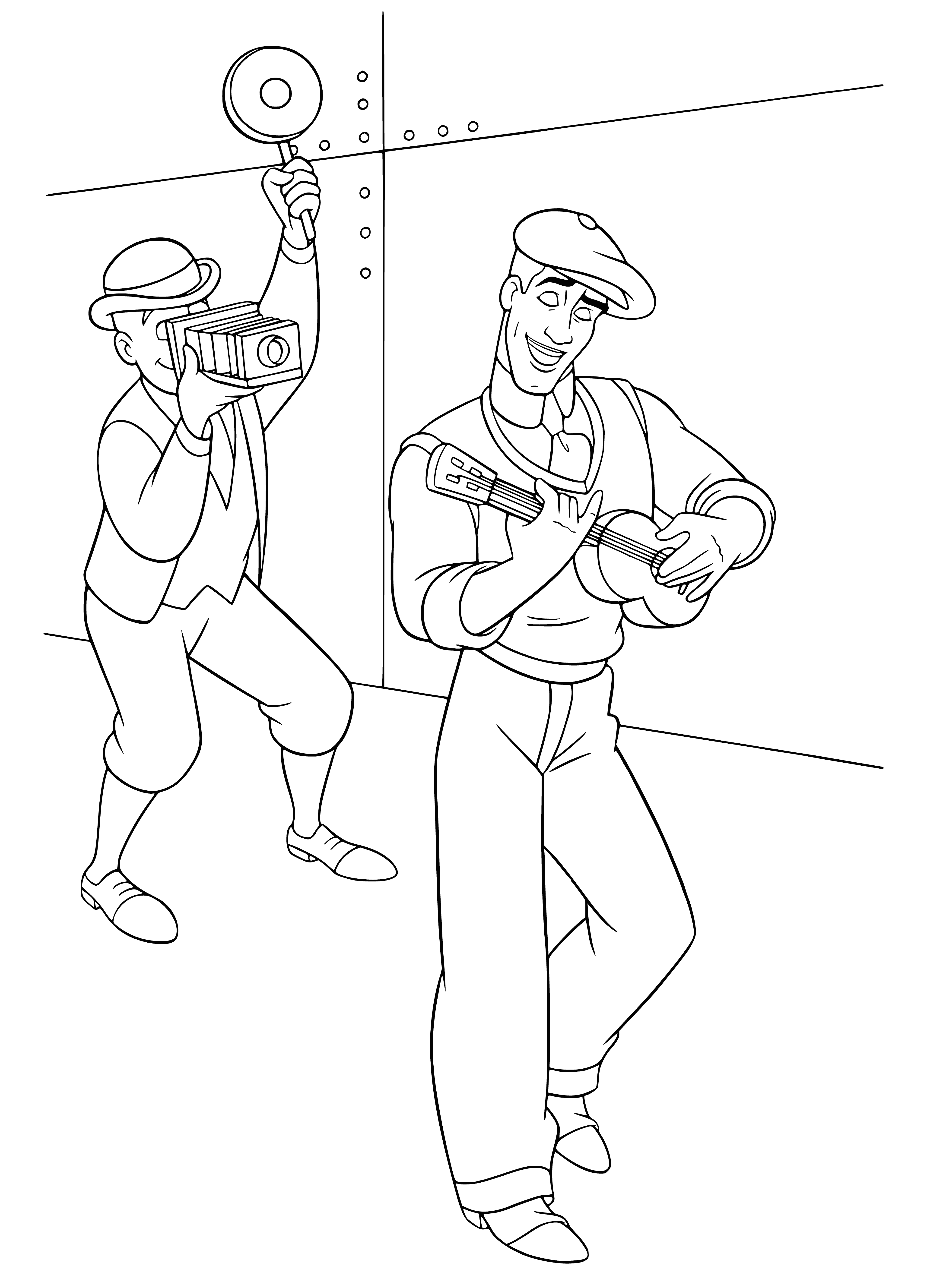 coloring page: Man with light brown skin & beard stands in center of page, wearing sleeveless tunic & light brown leggings. Holds small, dark brown frog in left hand.