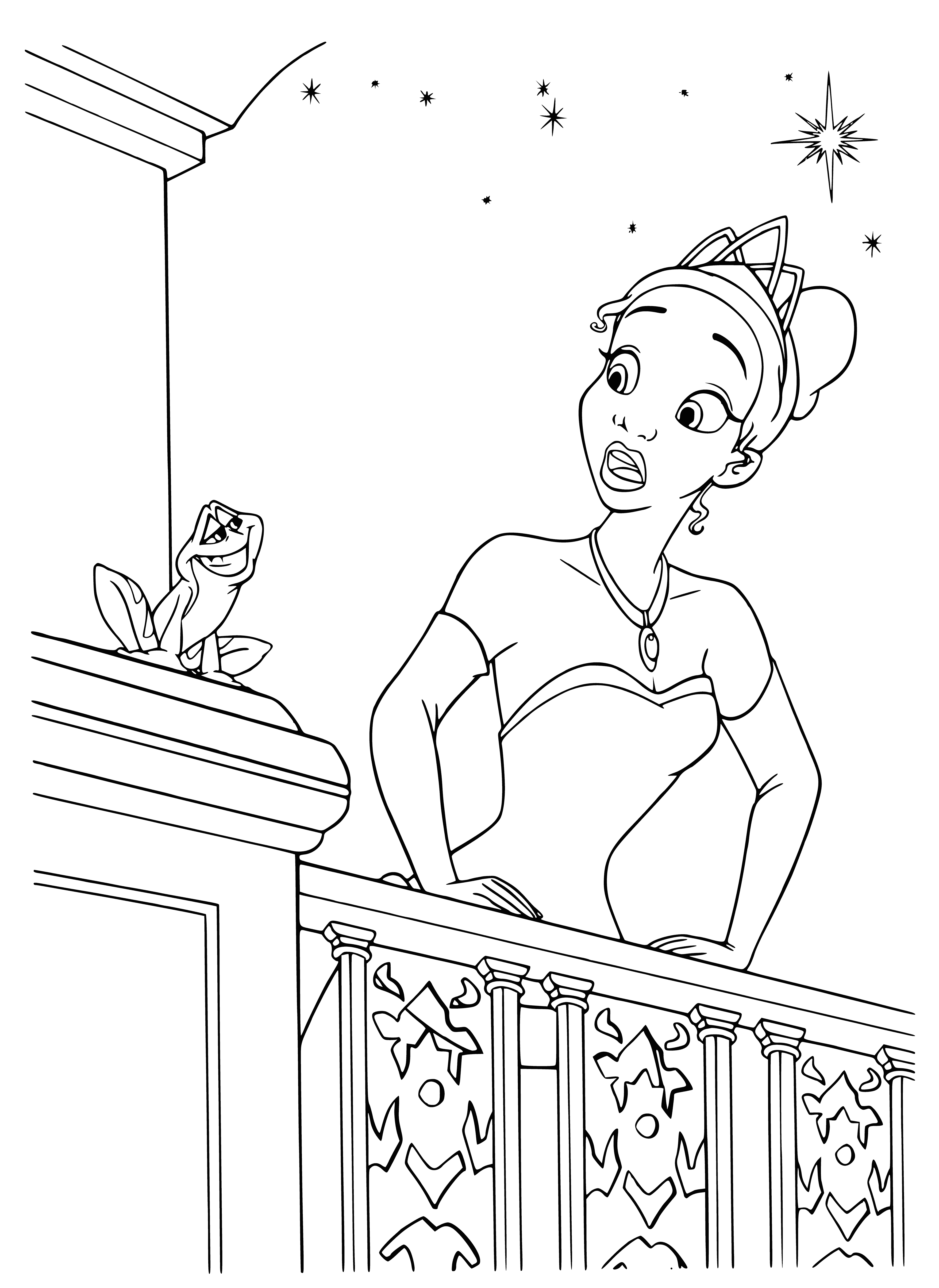 coloring page: Tiana stands before a frog in green & yellow, offering her hand. He wears a royal crown, making them appear to be equals.