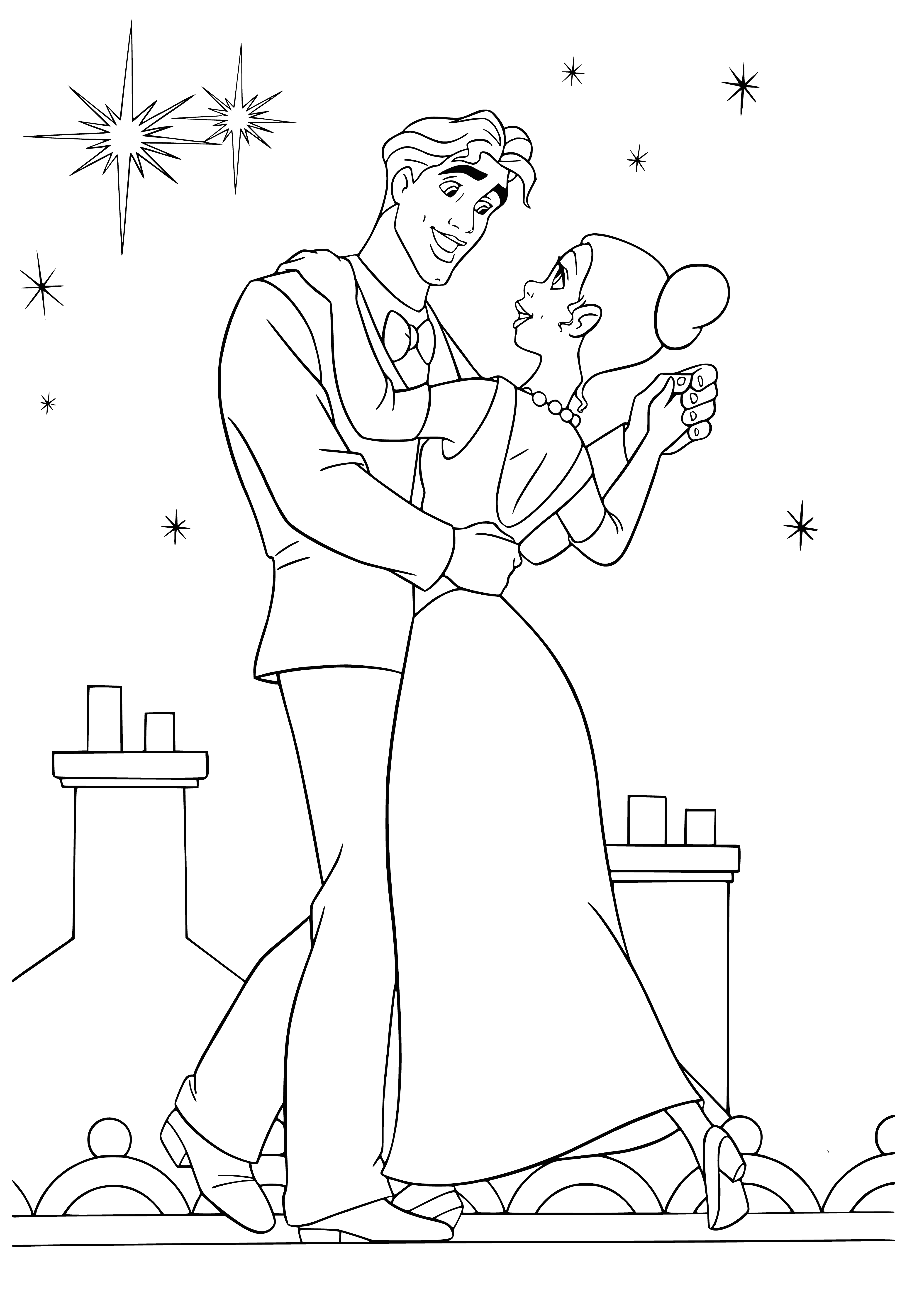 coloring page: Princess and prince dancing in dapper suit & beautiful gown, having the time of their lives swirling around the room.