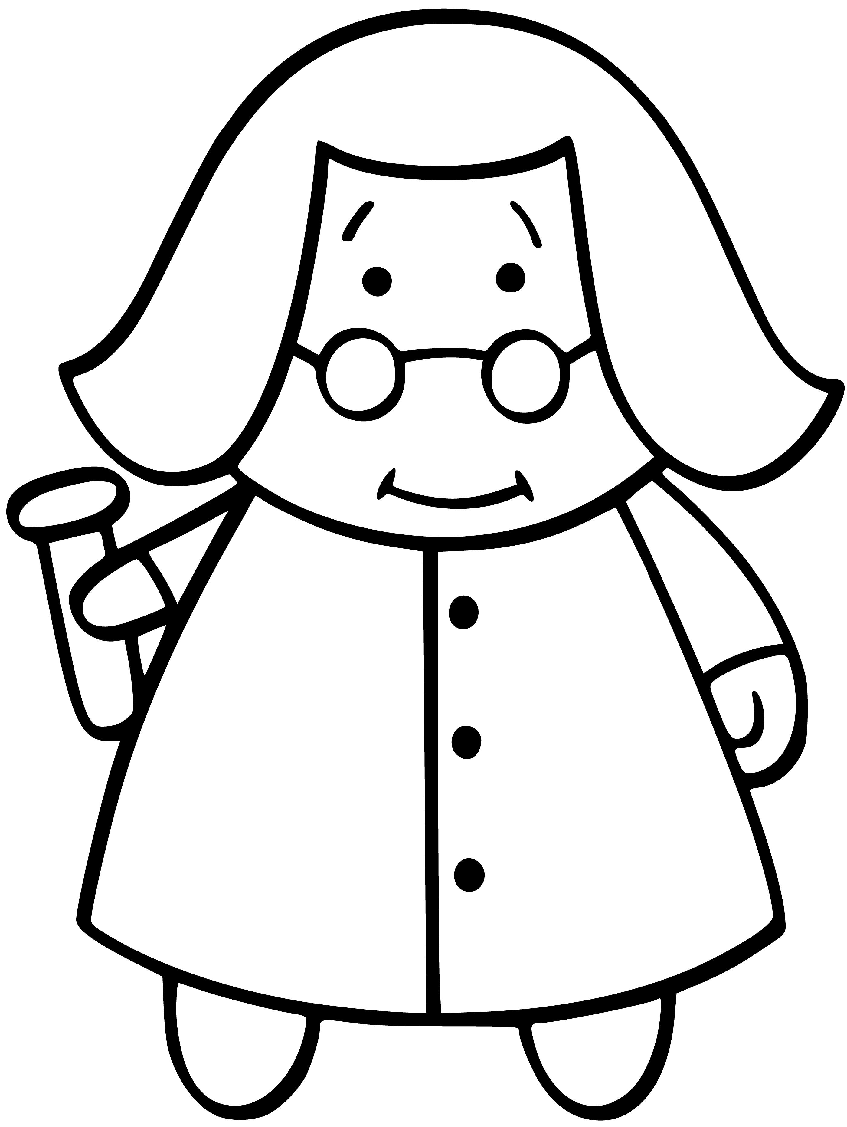 coloring page: Person works in lab with beakers, test tubes and microscope; smoking beakers; wearing gloves and mask for protection.