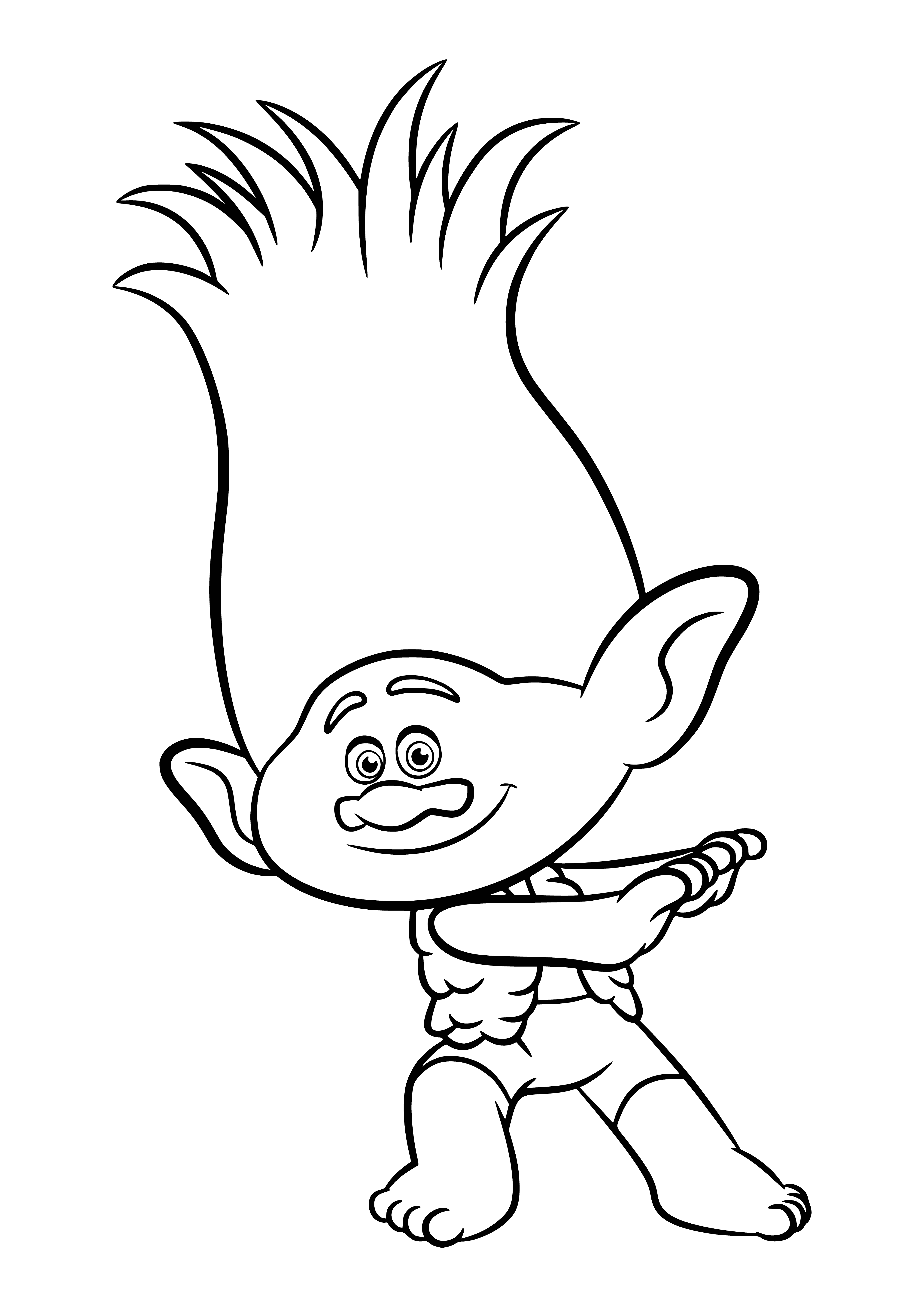 coloring page: A big green troll with a purple scarf and orange spikes is surrounded by a joyful, multi-colored array of trolls, each with its own unique look. #trolltown