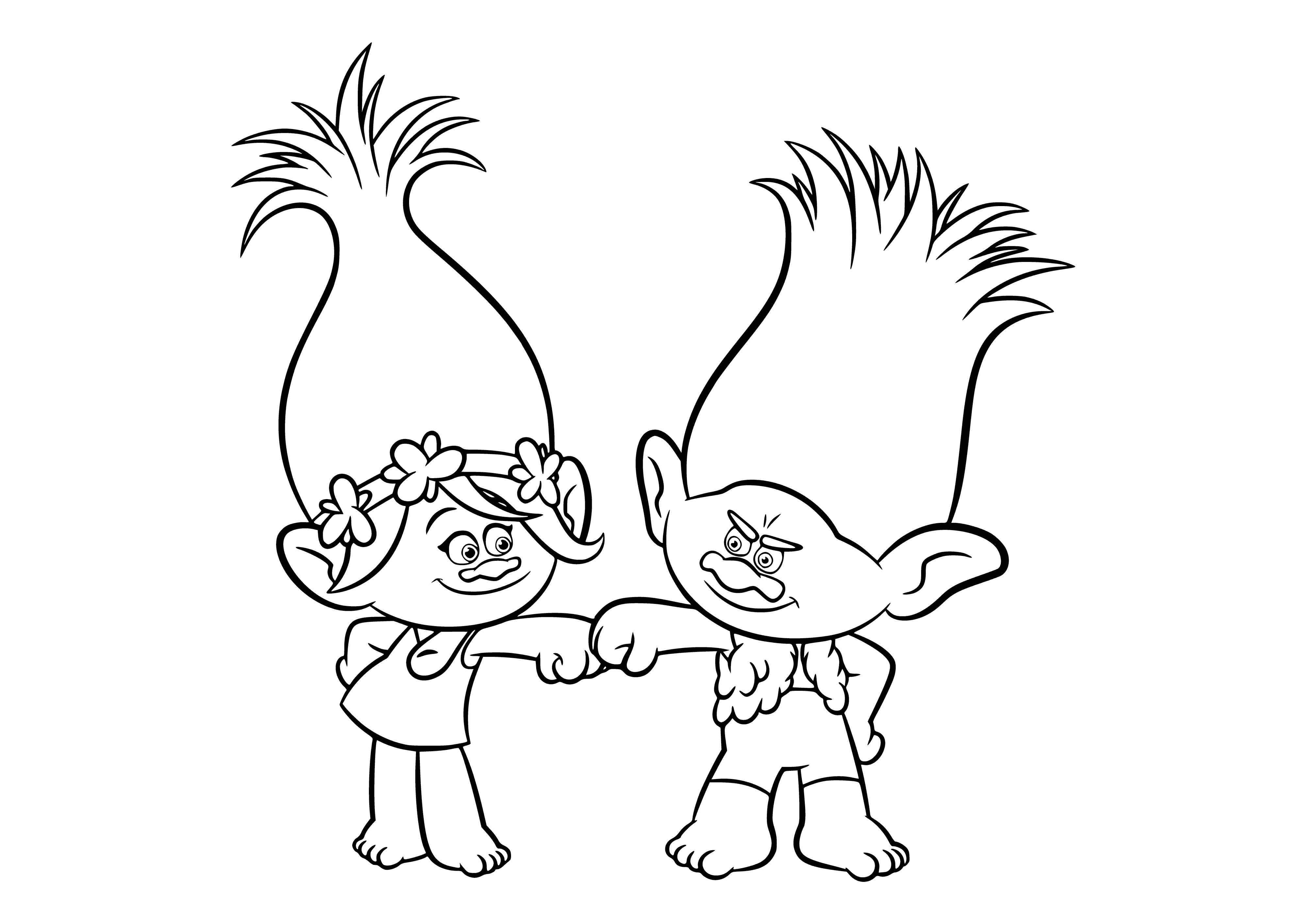 coloring page: Two Trolls, Tsvetan (blue) & Rosochka (red), w/ yellow eyes & black hair, feature in this coloring page.