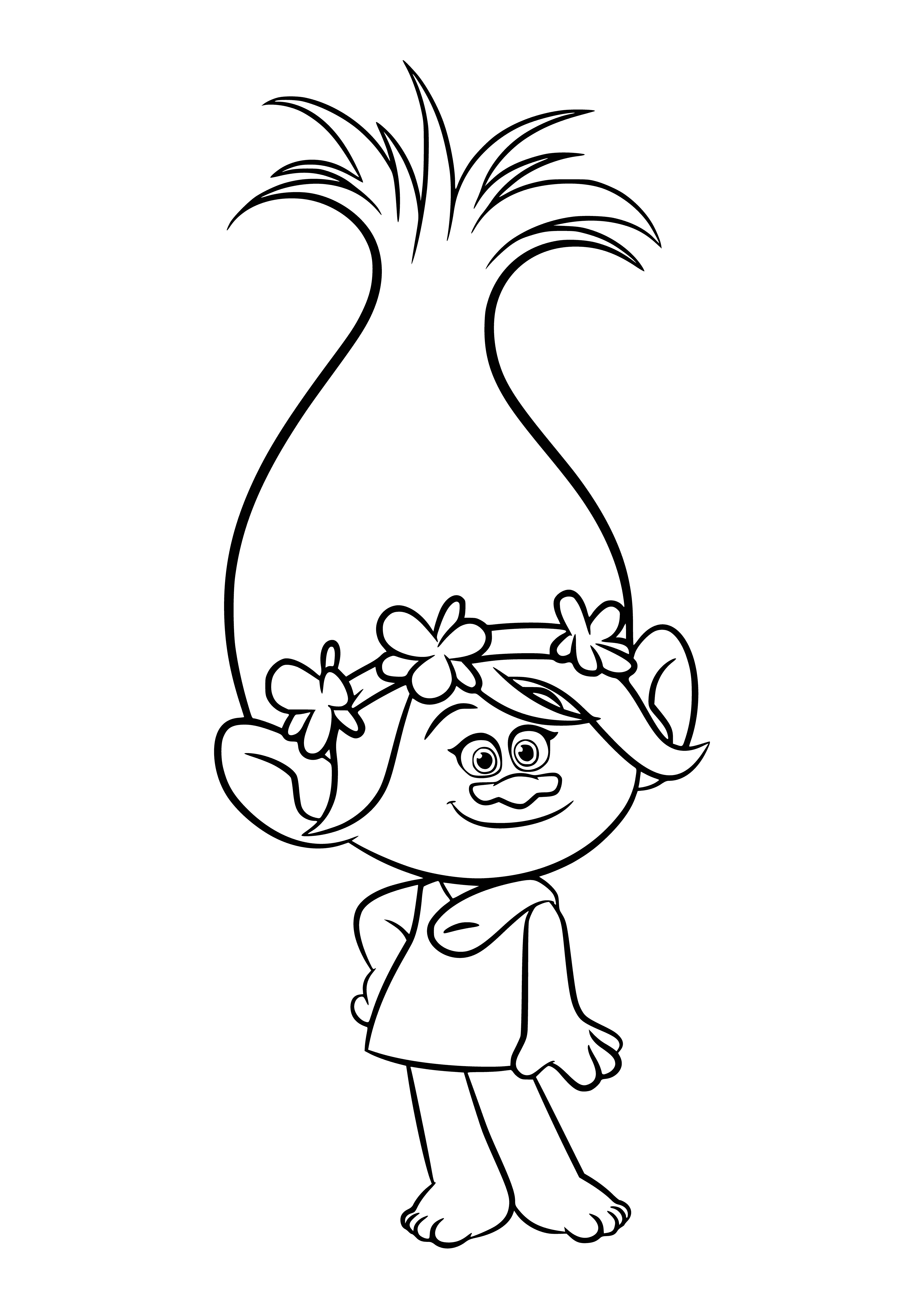 coloring page: Girl princess in pink dress & tiara holds wand , 2 trolls with diff. colors hold hands behind her. #PrincessStory