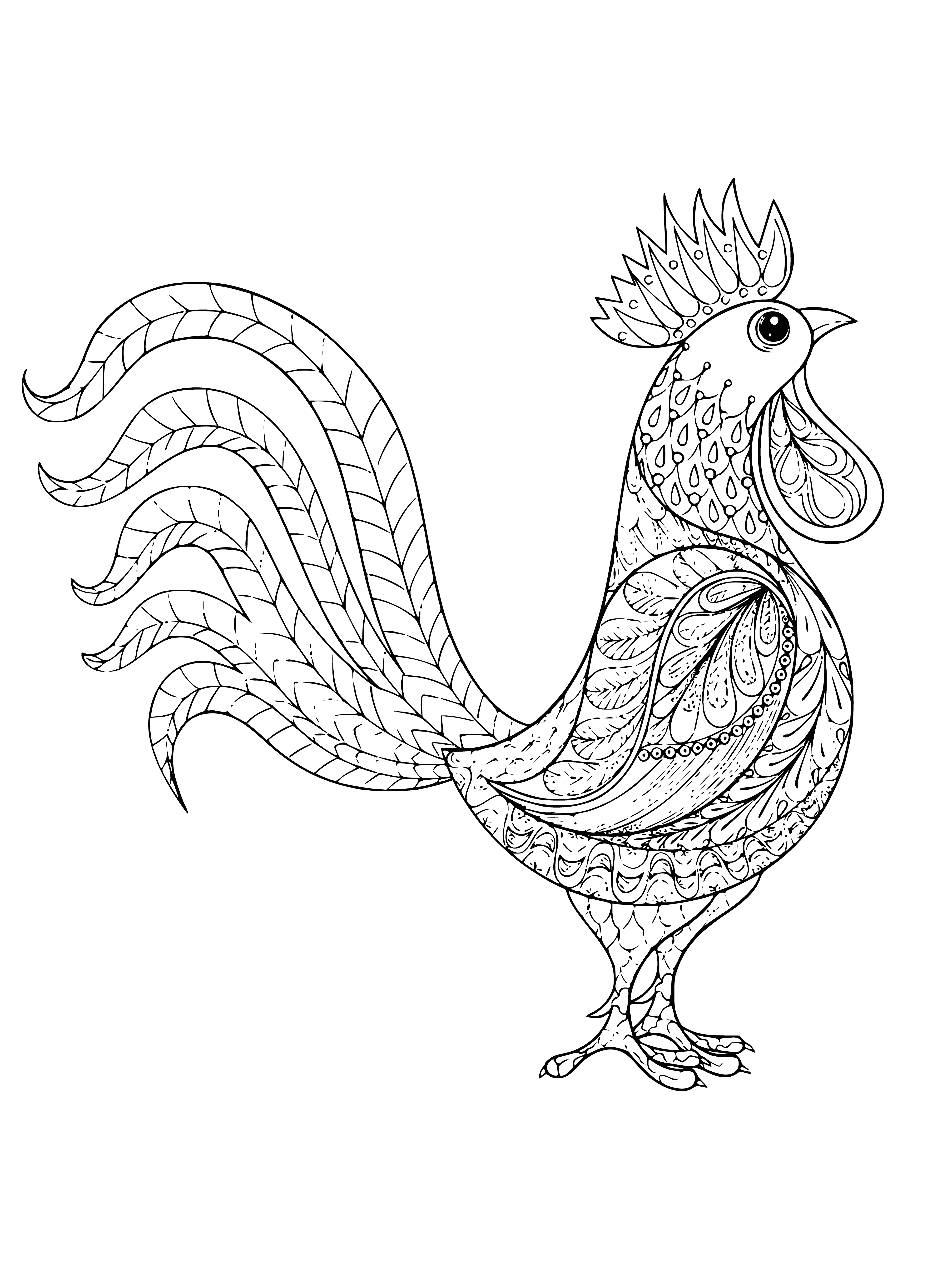 coloring page: Rooster with red comb stands proudly on farm fence, wings outstretched, confident stare. #rooster #farm #fence