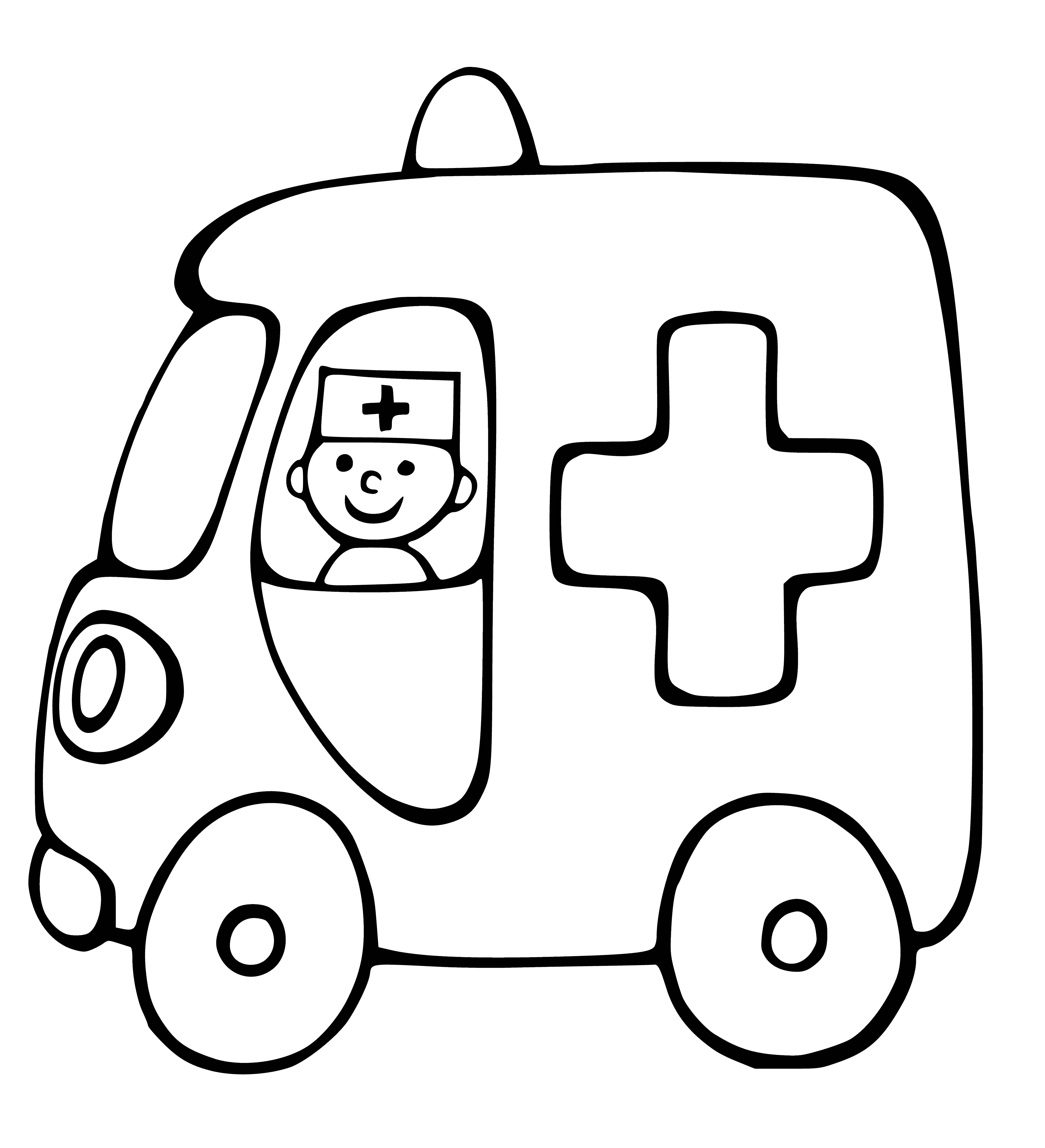 coloring page: Ambulance transports sick/injured to hospital for medical help.