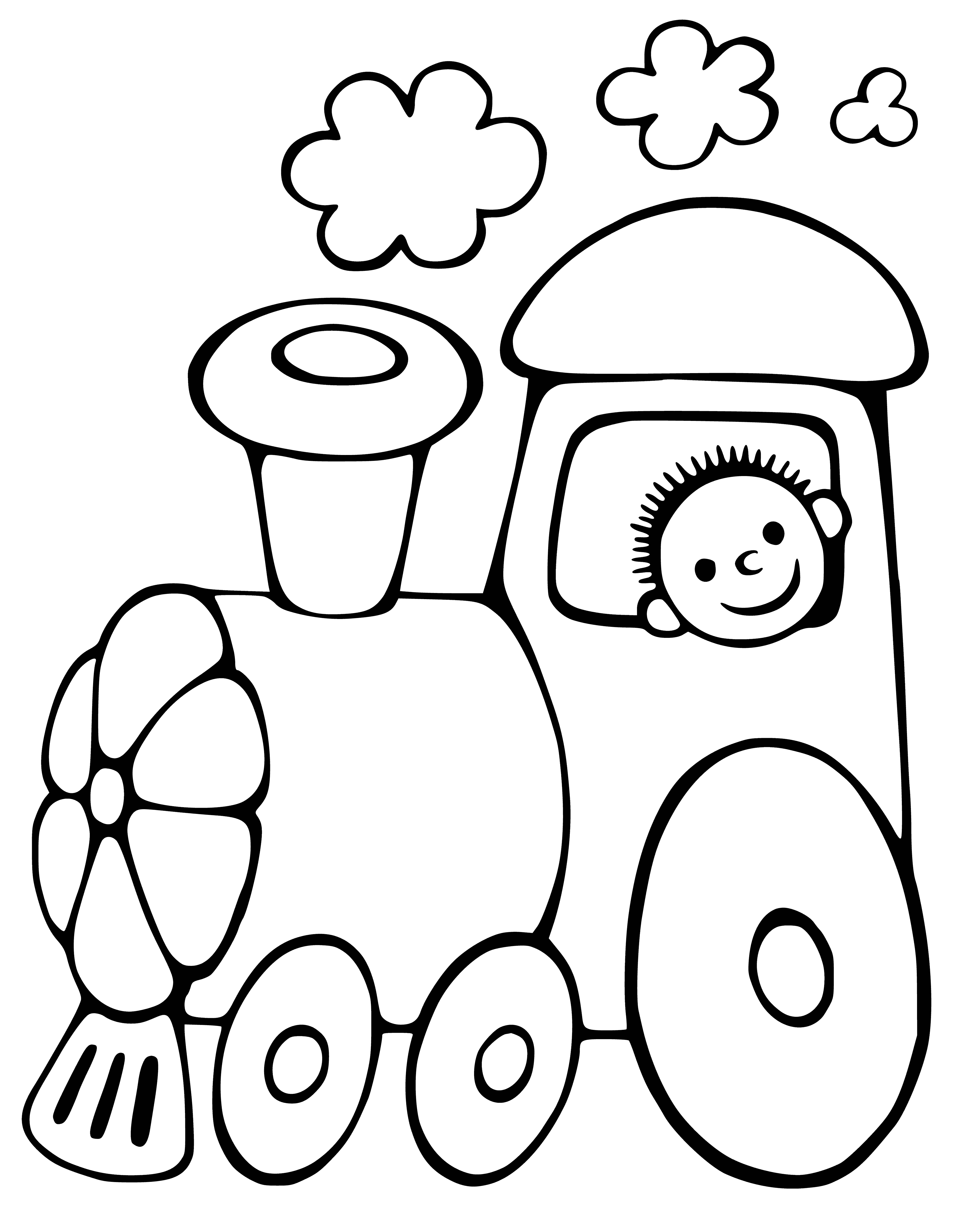 coloring page: Large metal machine w/ cylindrical body & circular opening. Two metal disks w/ spoked rims & metal frame attached. Sitting on metal tracks.