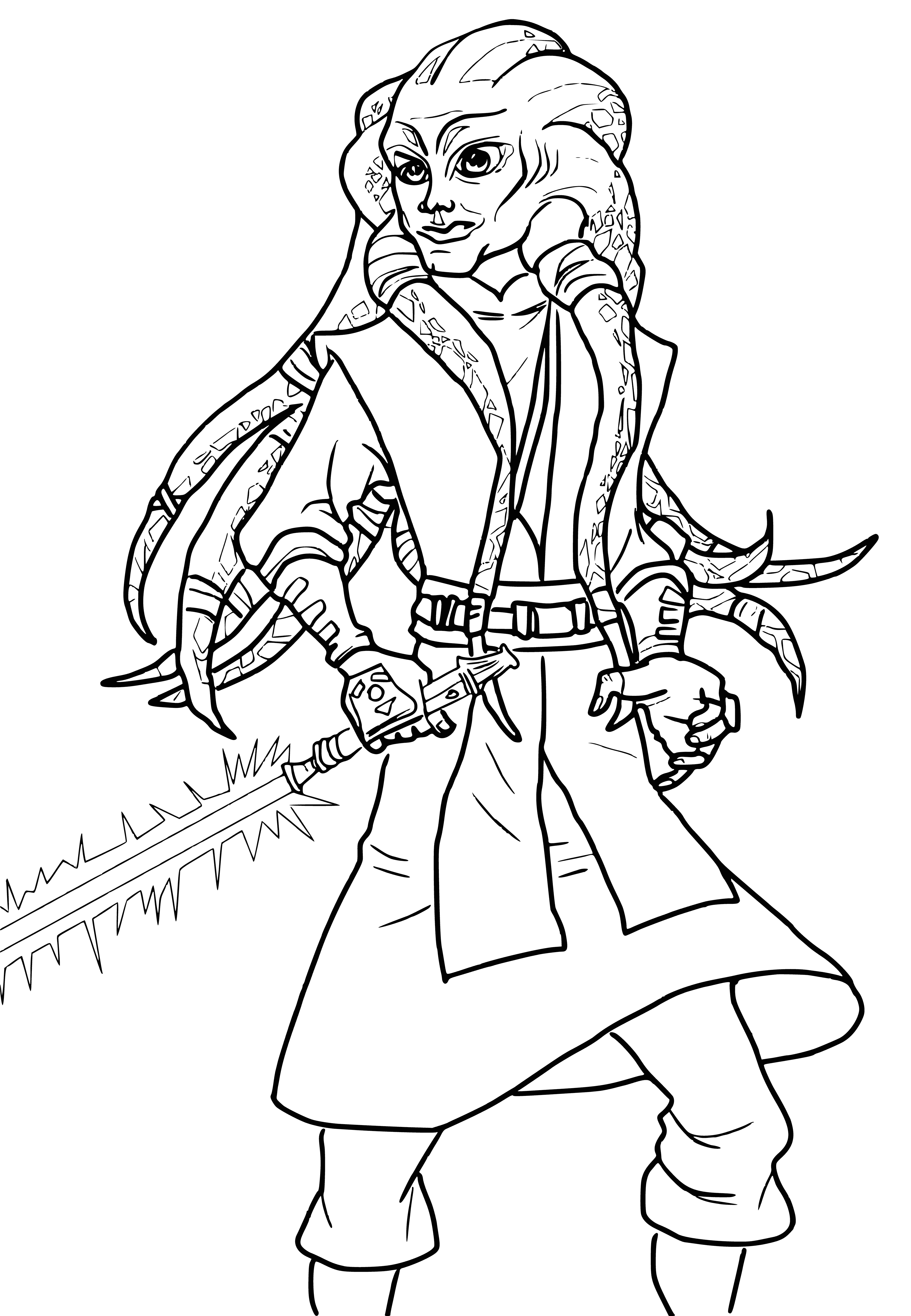coloring page: Mysterious blue figure with a green face & white eyes wielding a lightsaber expertly fights enemy soldiers.