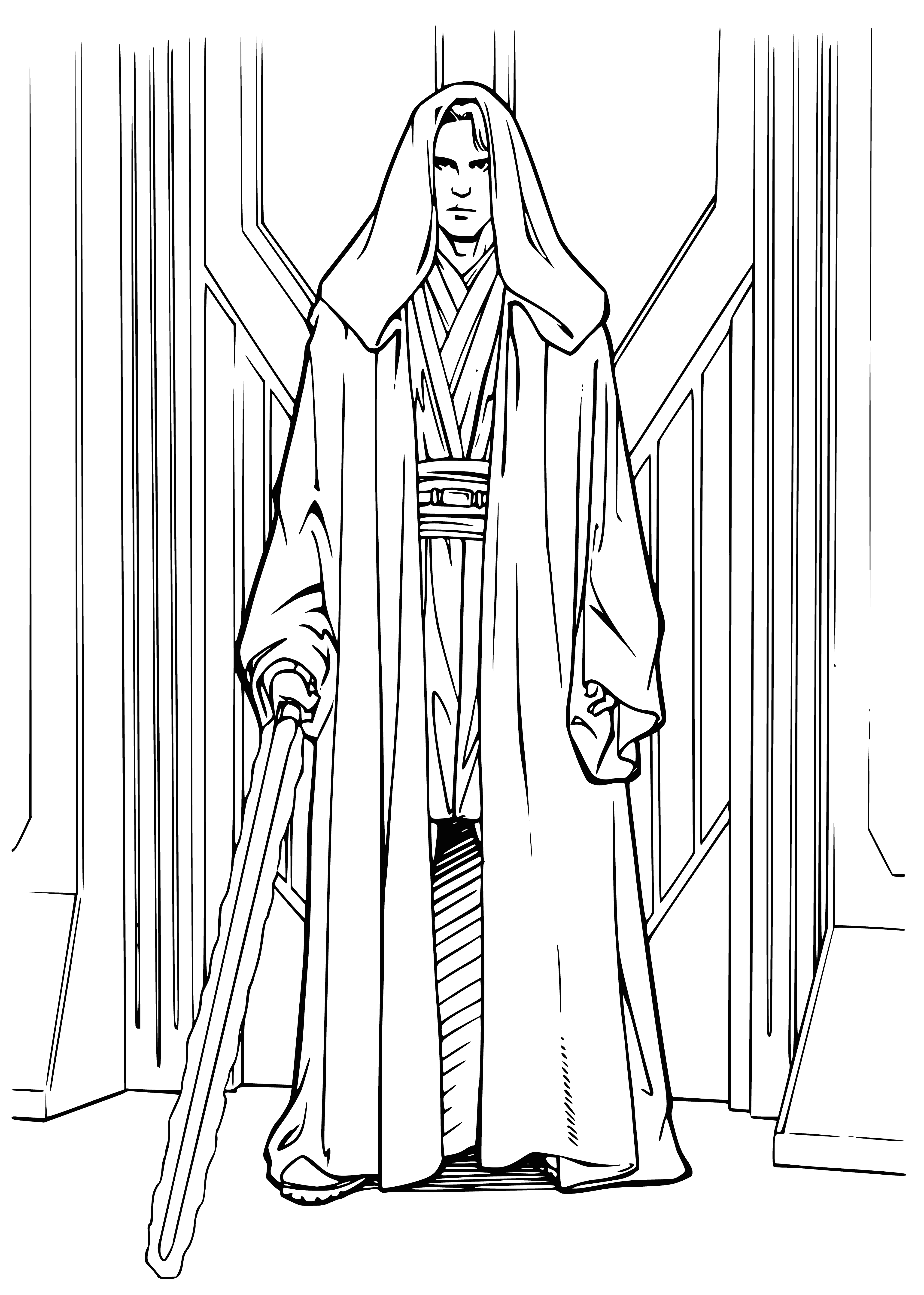 coloring page: Enakin in his cape, blue lightsaber in hand, determined look on face, ready for action. #StarWars