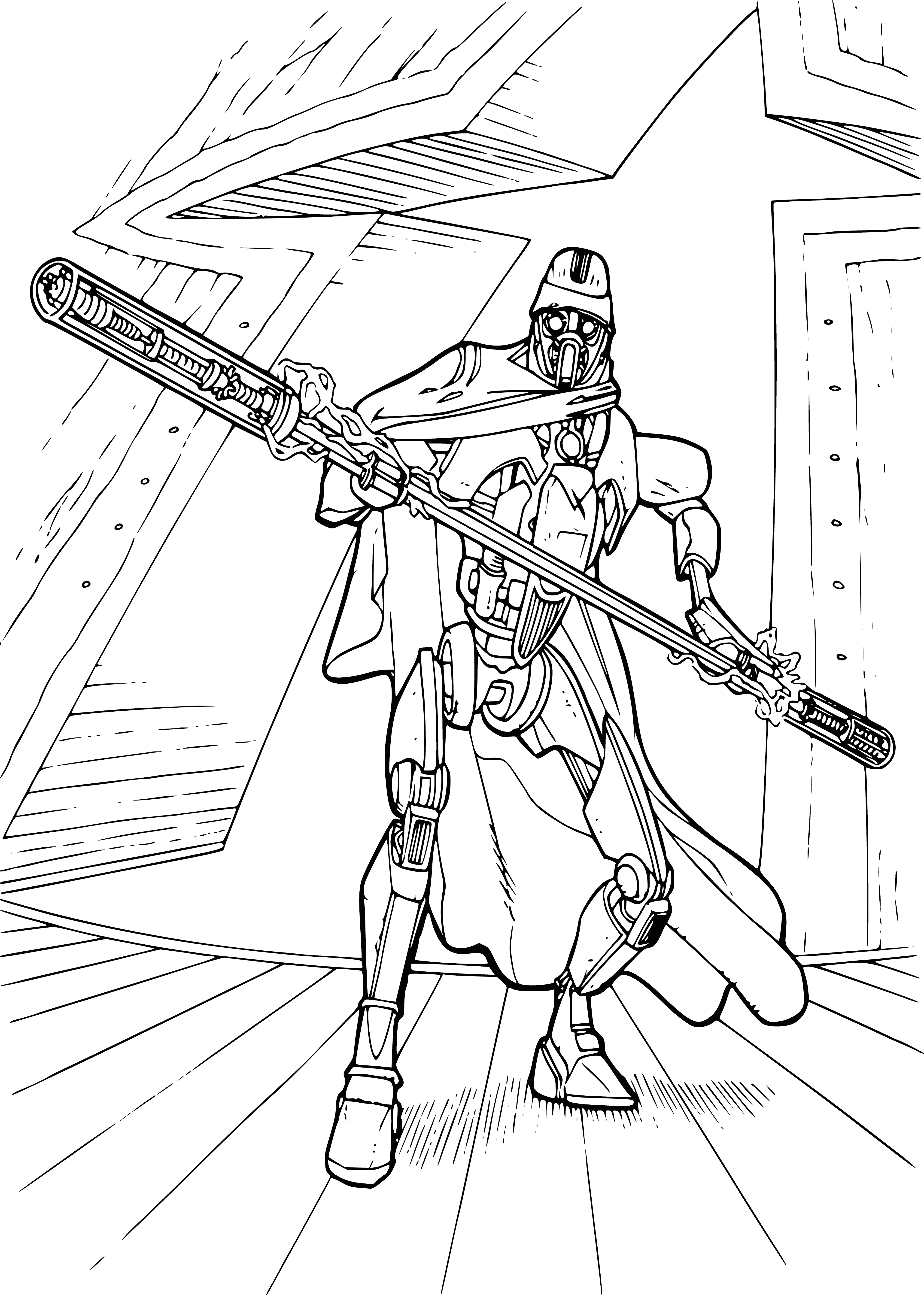coloring page: A droid MagnaGuard stands on a grassy platform holding a staff in its right hand & raising its left. Its red cylindrical head has a black visor for eyes. #StarWars #ColoringPage