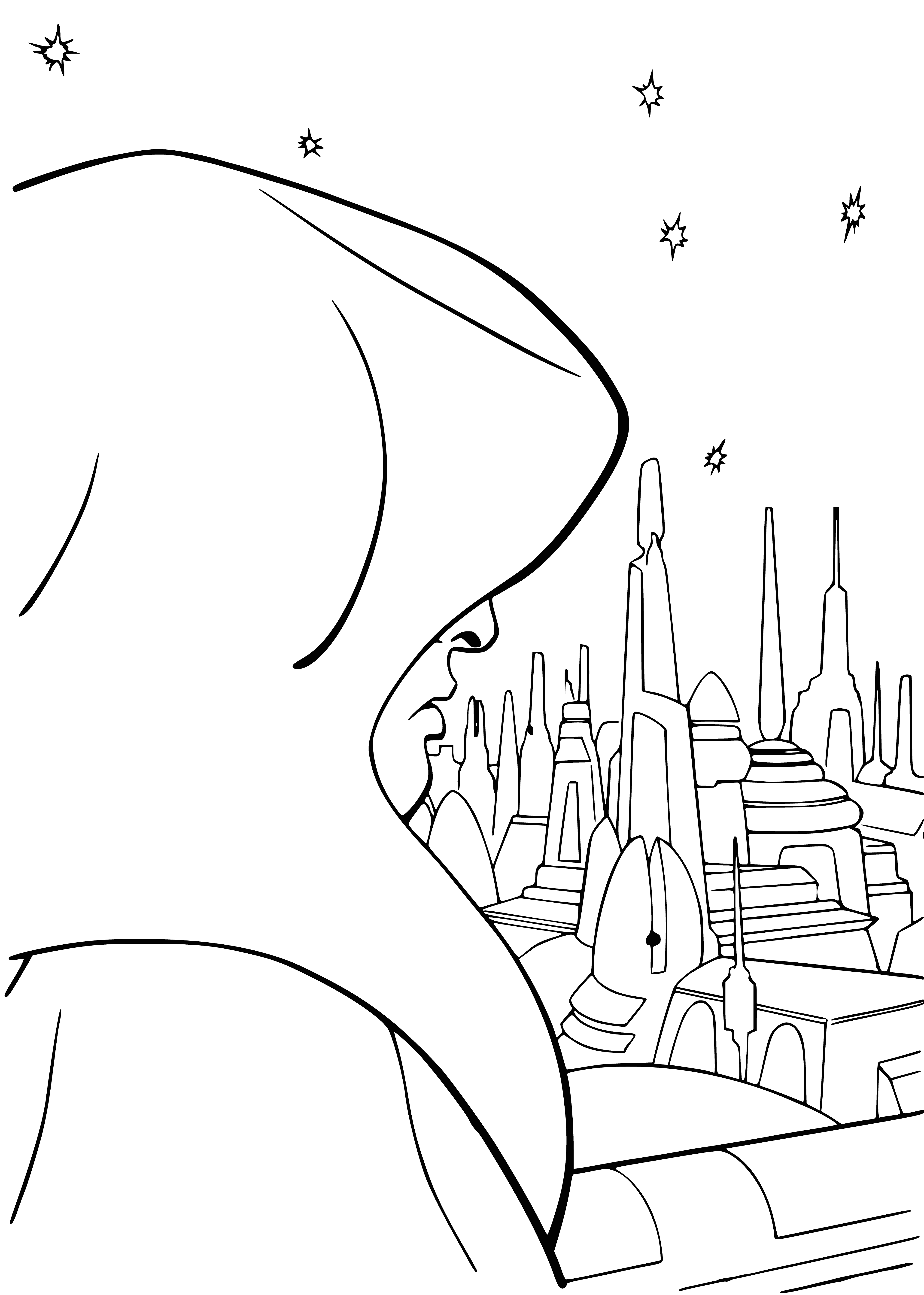 coloring page: A city view coloring page of tall buildings, people, and busy streets--episode III of Star Wars.