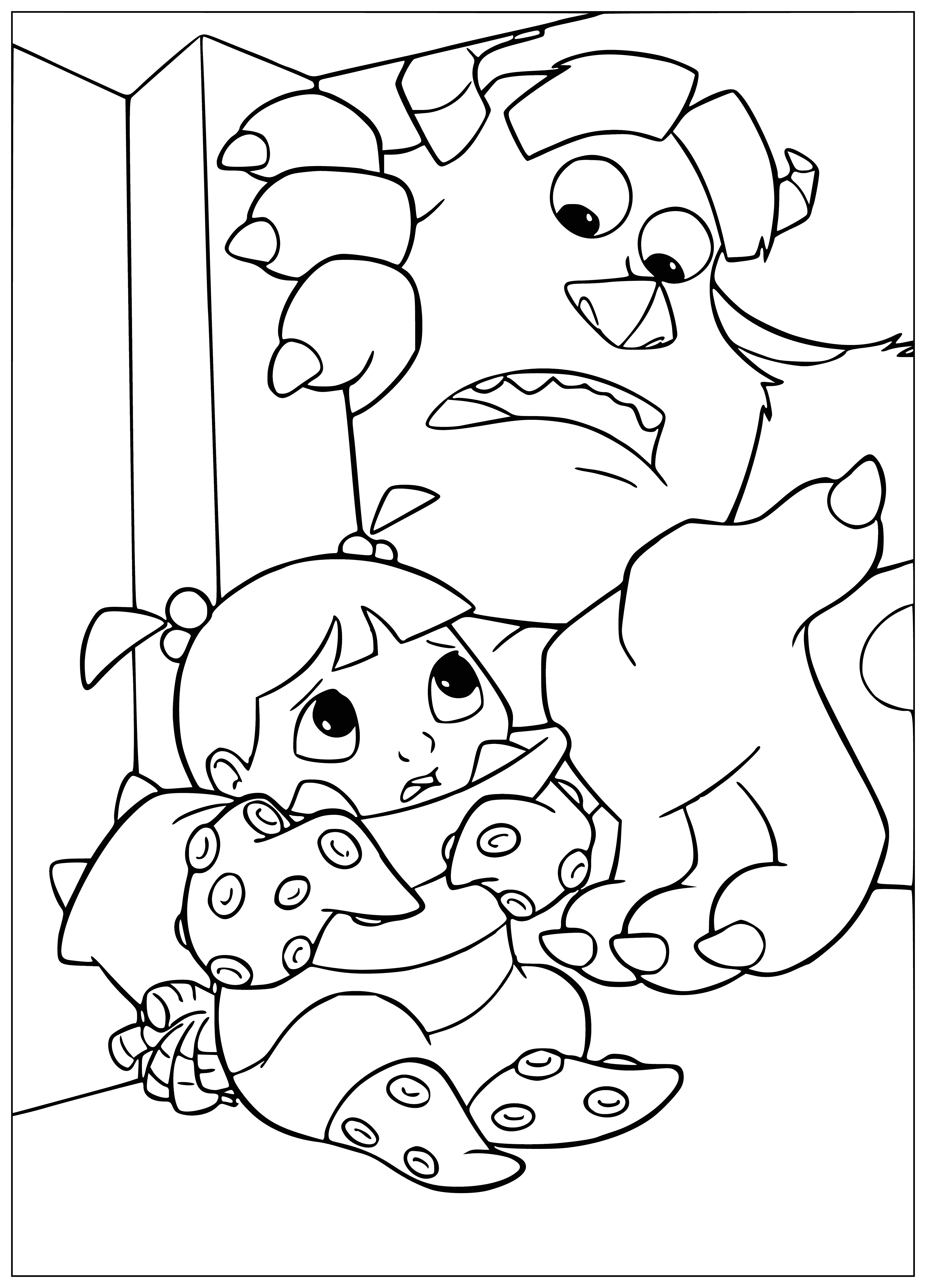 coloring page: Scared child comforted by large, glowing furry monsters in dark bedroom.
