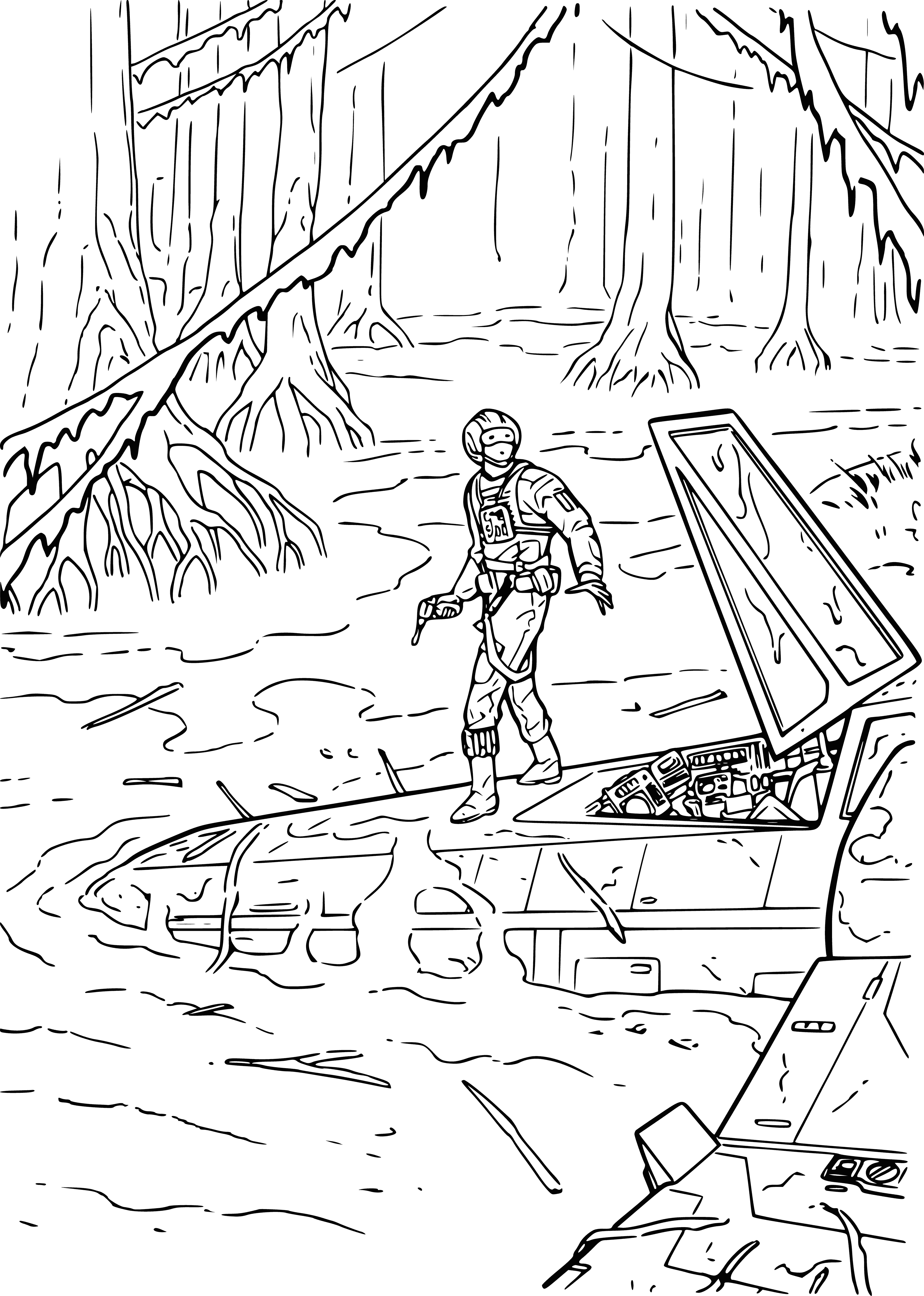 coloring page: Creature stands on desert planet with two suns, cloaked and holding a lightsaber.