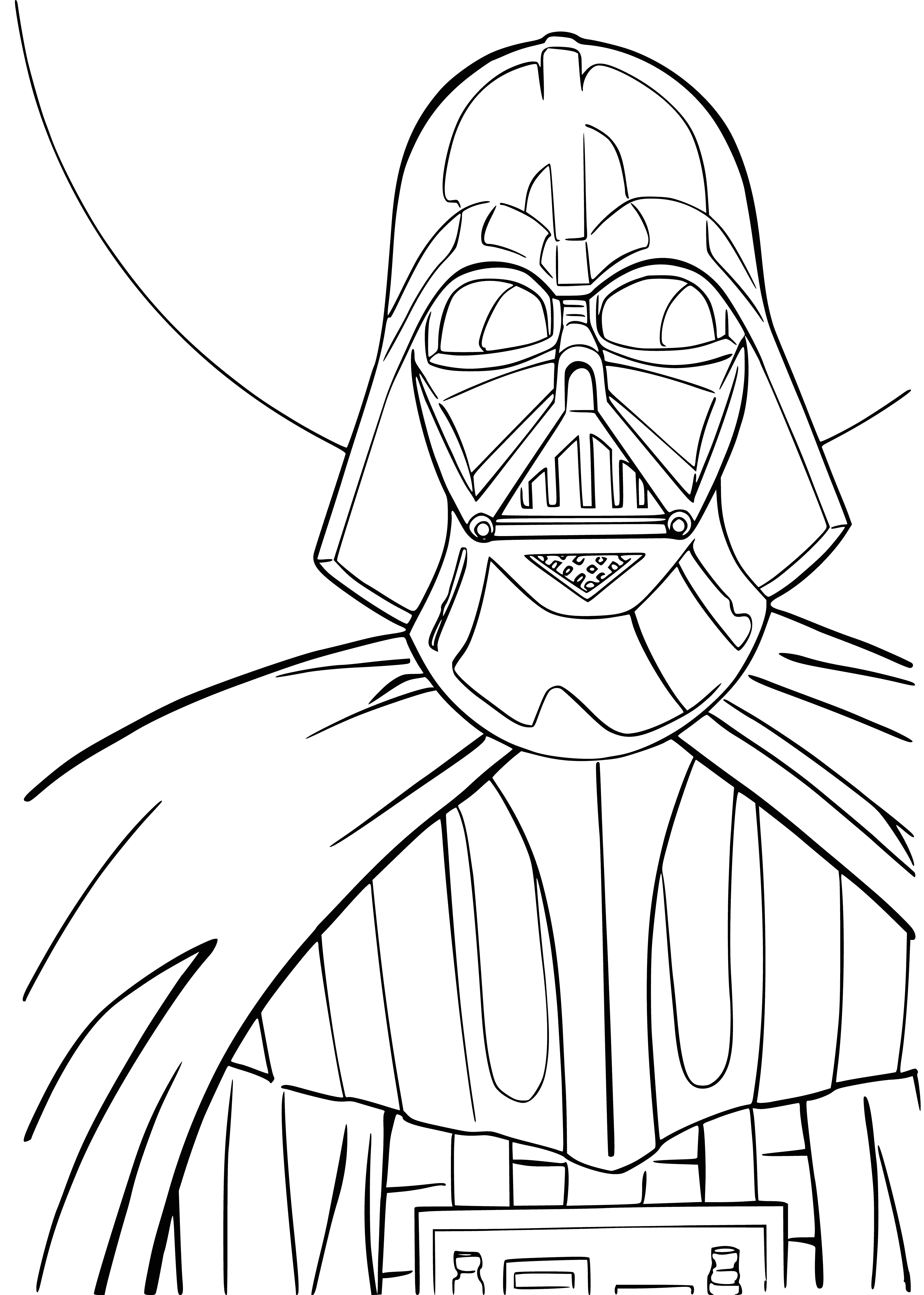 coloring page: Dark Lord Sith Darth Vader, in black armor & cape, holds a red lightsaber & has breathing apparatus & all-black eyes.