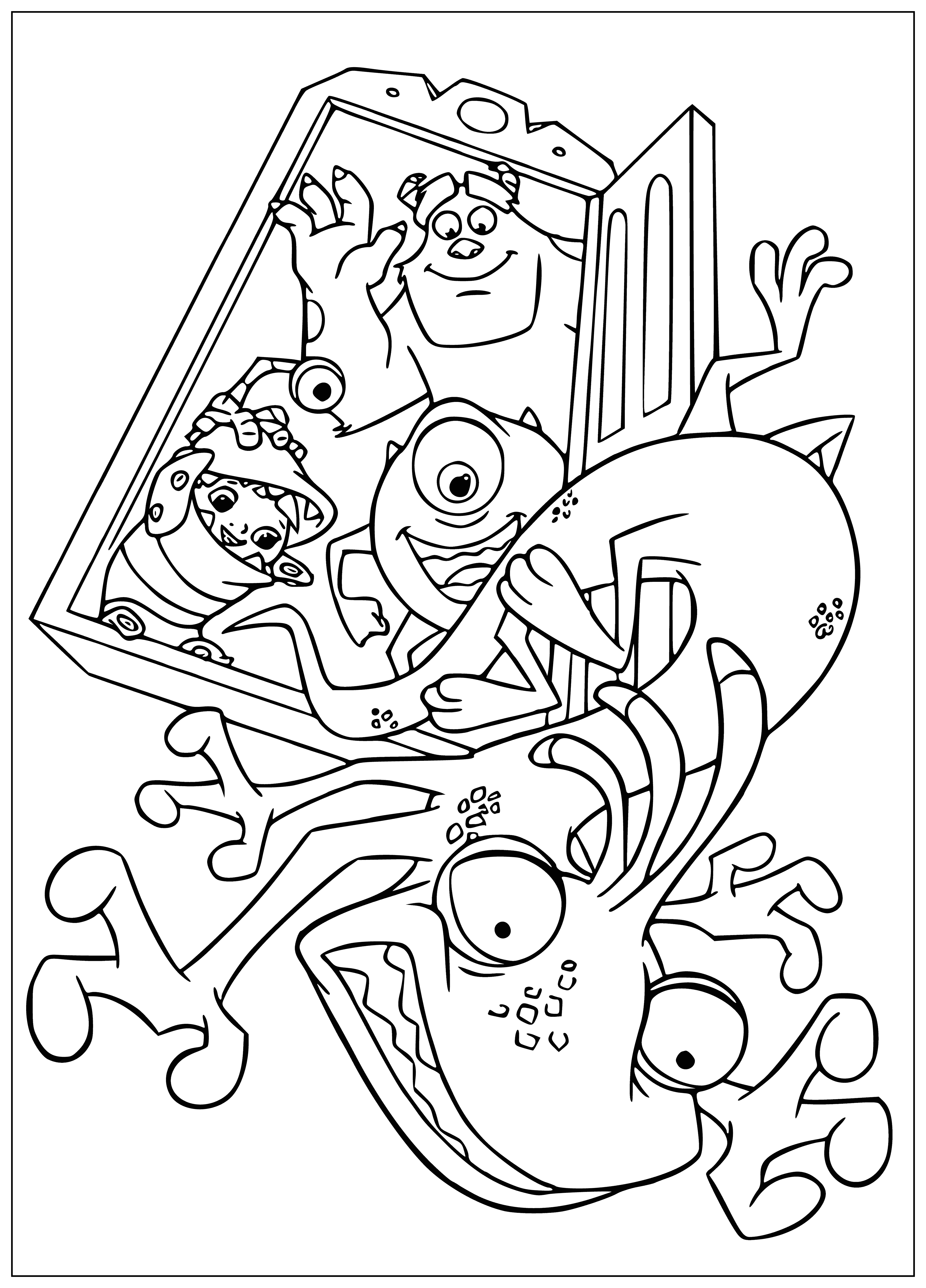 coloring page: Randall flies with arms outstretched and a look of concentration, screaming in excitement. Eyes closed.