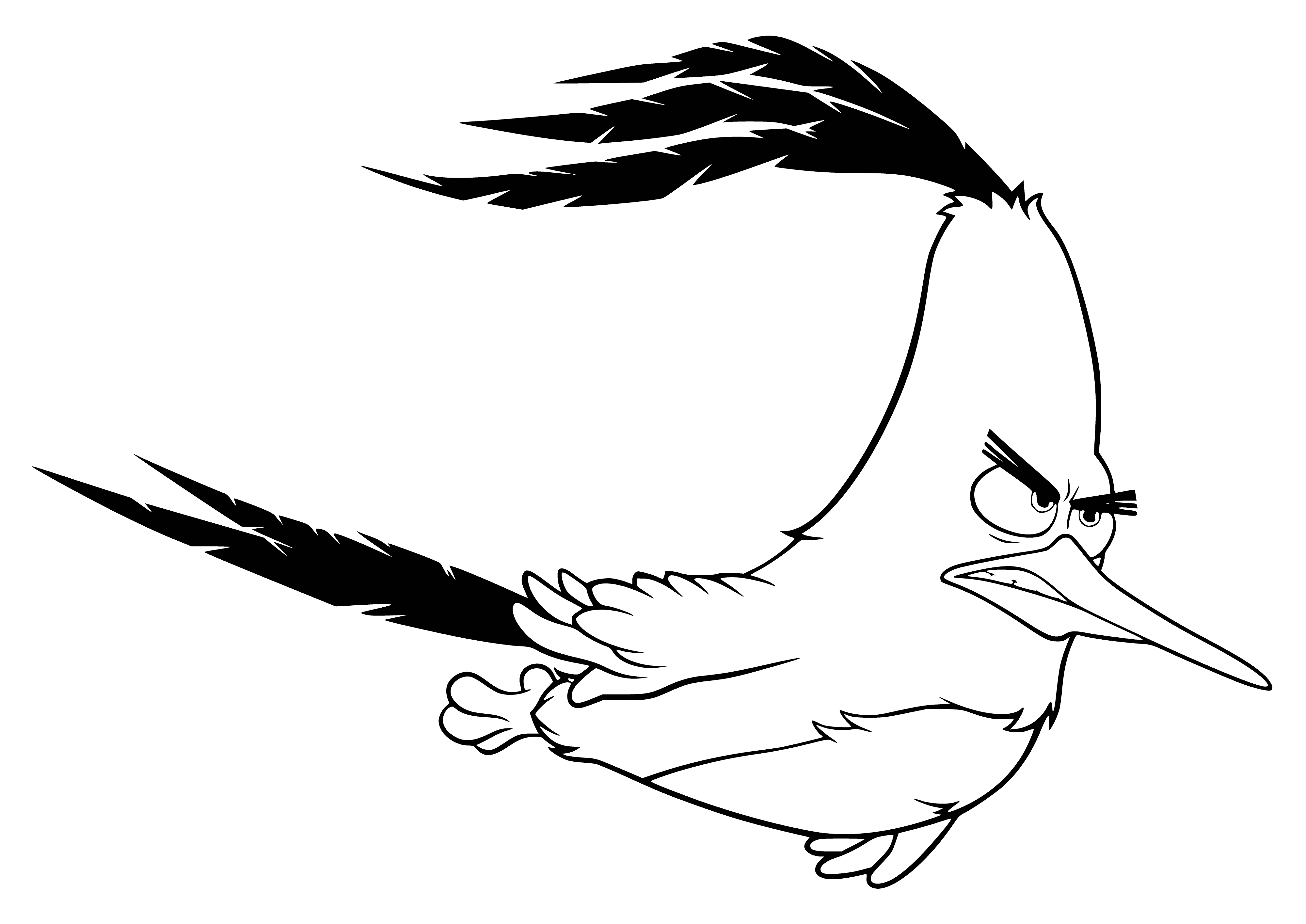 coloring page: A red bird with black eyes is flying gracefully, its wings outstretched and tail feathers streaming behind.
