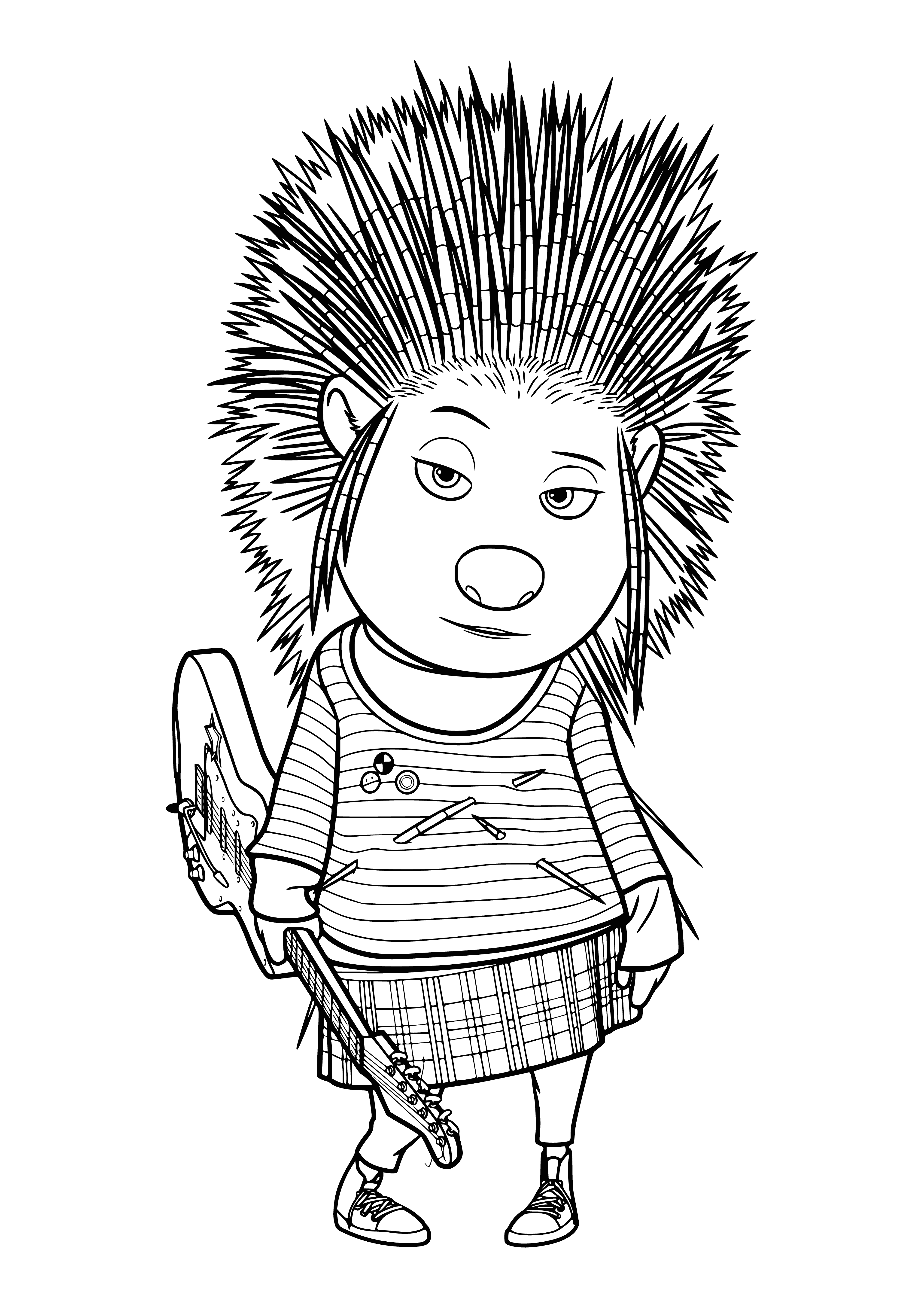coloring page: A porcupine with long snout, small eyes, and black/white fur, with visible quills on its back. #coloringpage