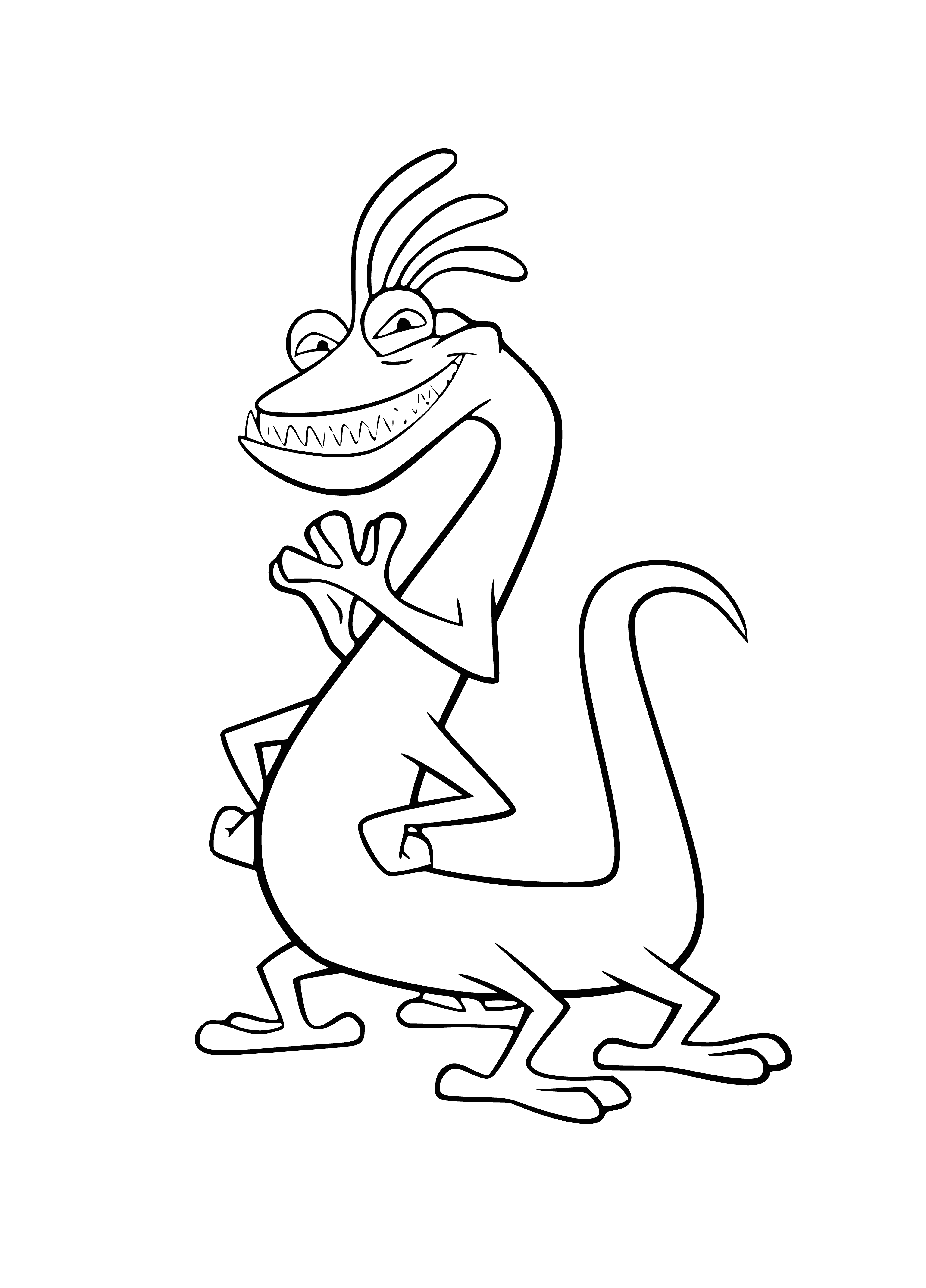 coloring page: Randel is a large furry monster with 4 eyes, a long nose & wearing white shirt/blue & purple striped tie, pants & two furry ears.