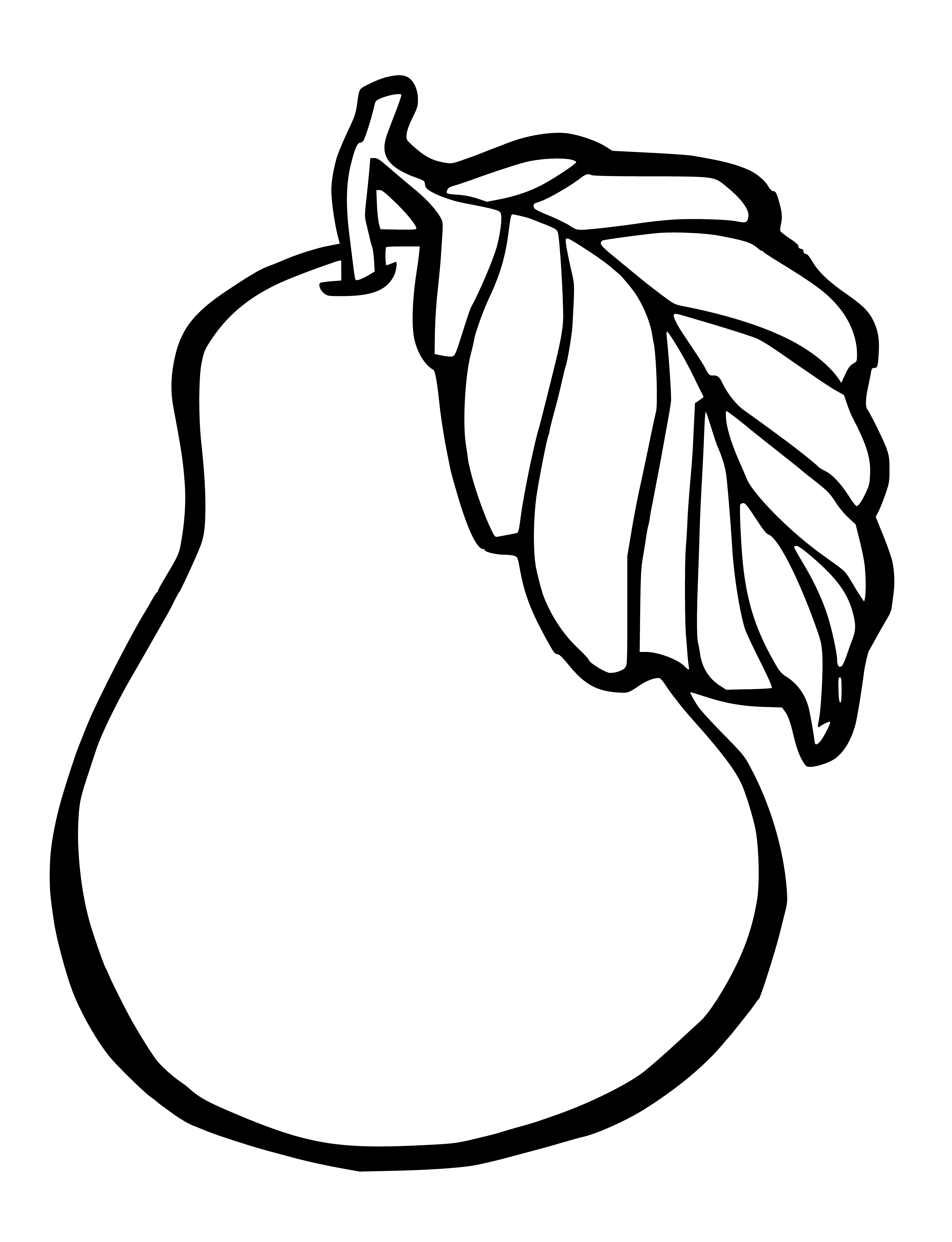 coloring page: Close up of a yellow pear w/ green stem, brown spots, long thin stem, bent top, & leaves.#coloring pages #fruits #food