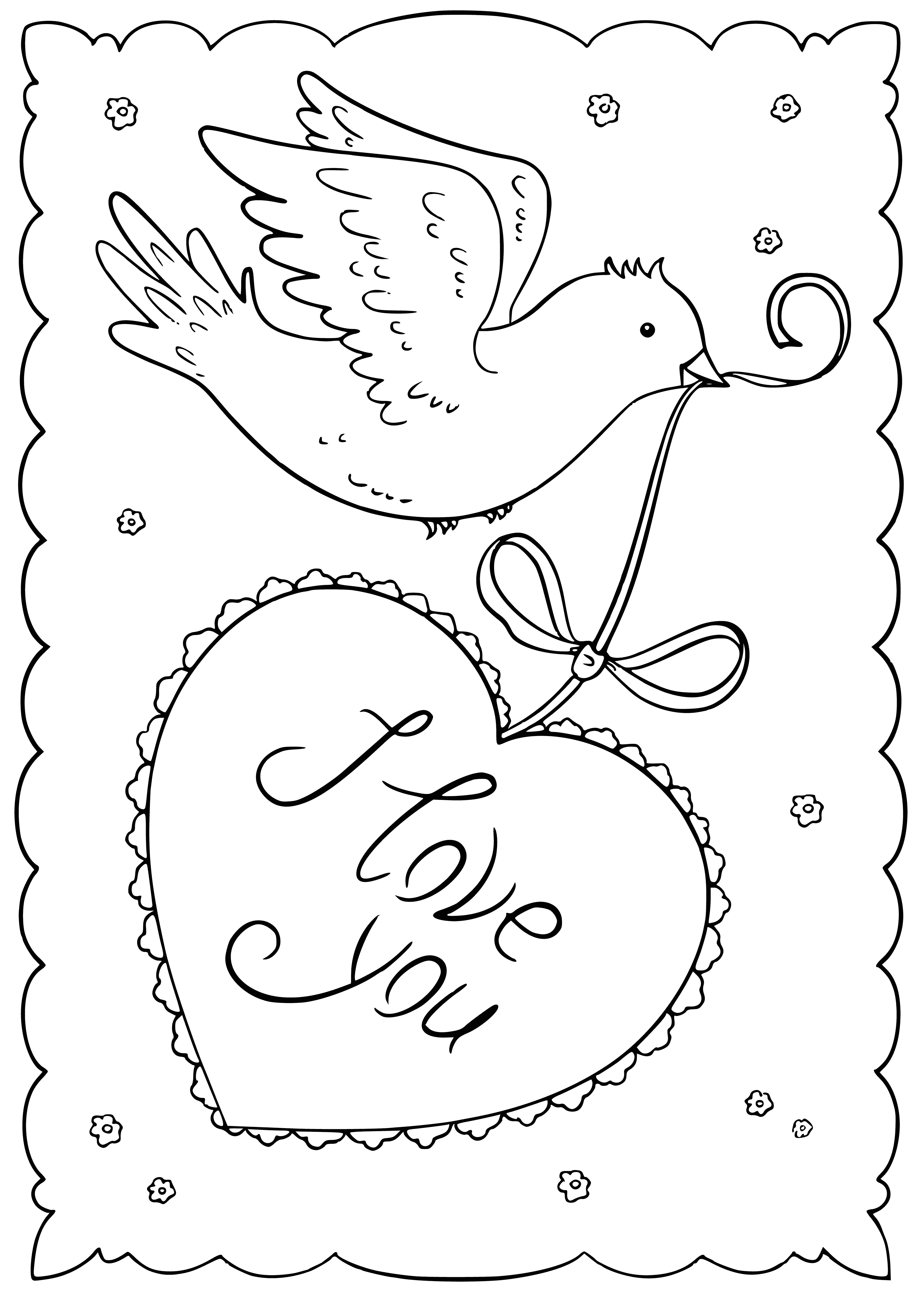 coloring page: Greeting card features a gold heart w/ "Love" in red, red rose on left, & red/white heart on right on a white background.