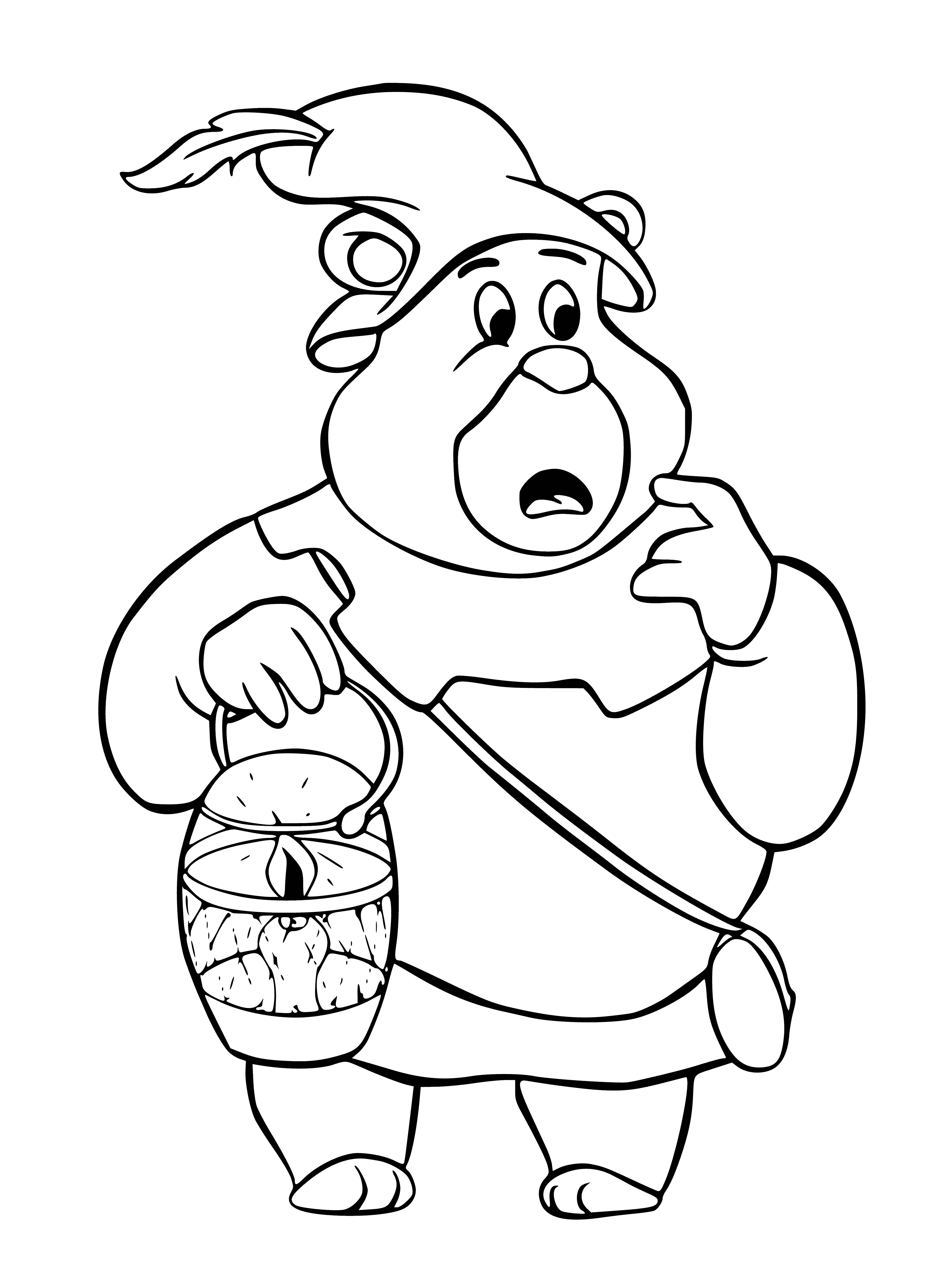 coloring page: An obese Gummi Bear has an oversized belly that hangs past his knees and disproportionally thin arms and legs. He is unable to move and is having difficulty breathing.