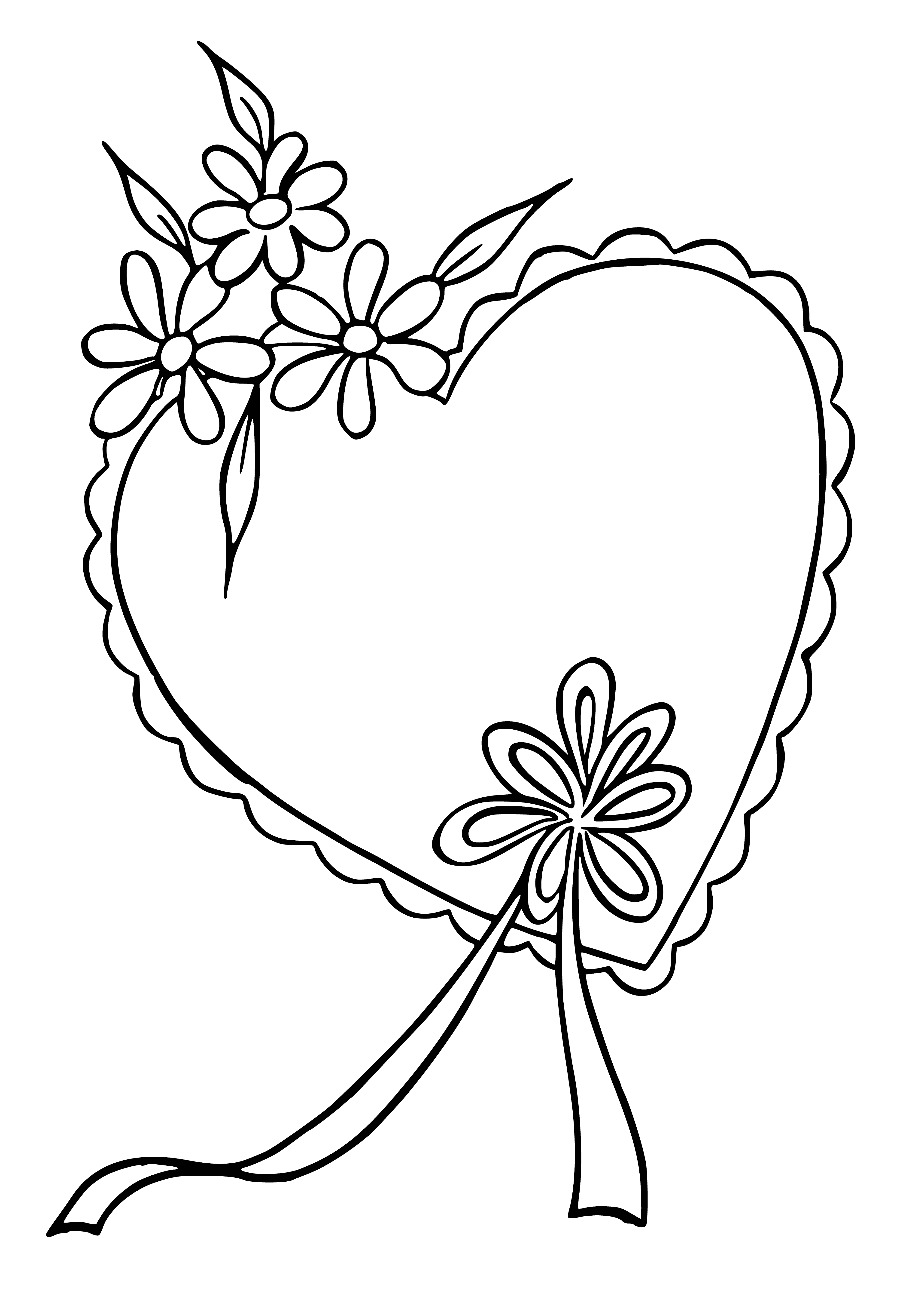 coloring page: A heart shape, red with two white circles inside, is in the center of a light pink page surrounded by a white border.
