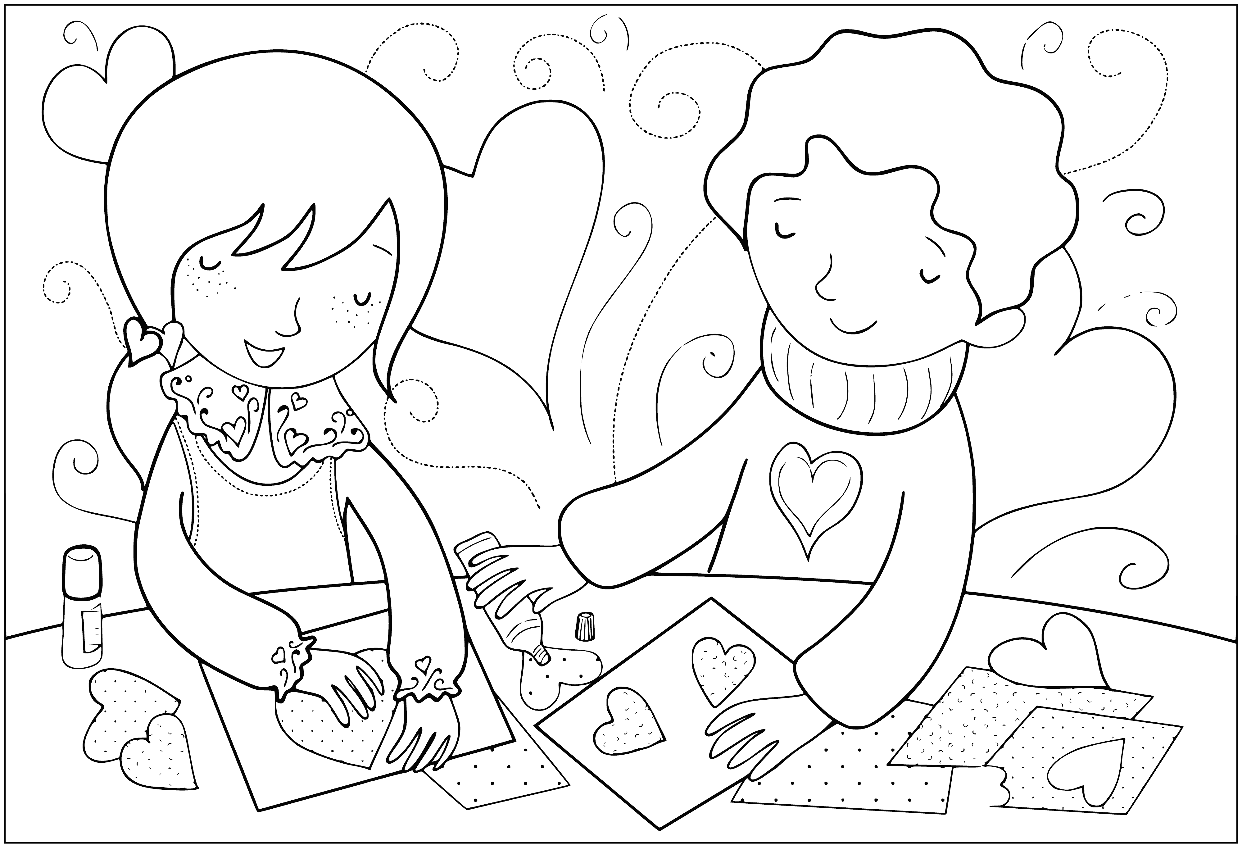 coloring page: Kids make valentines w/ paper, scissors, glue & various colors. Finished valentines dot the page in the coloring page.