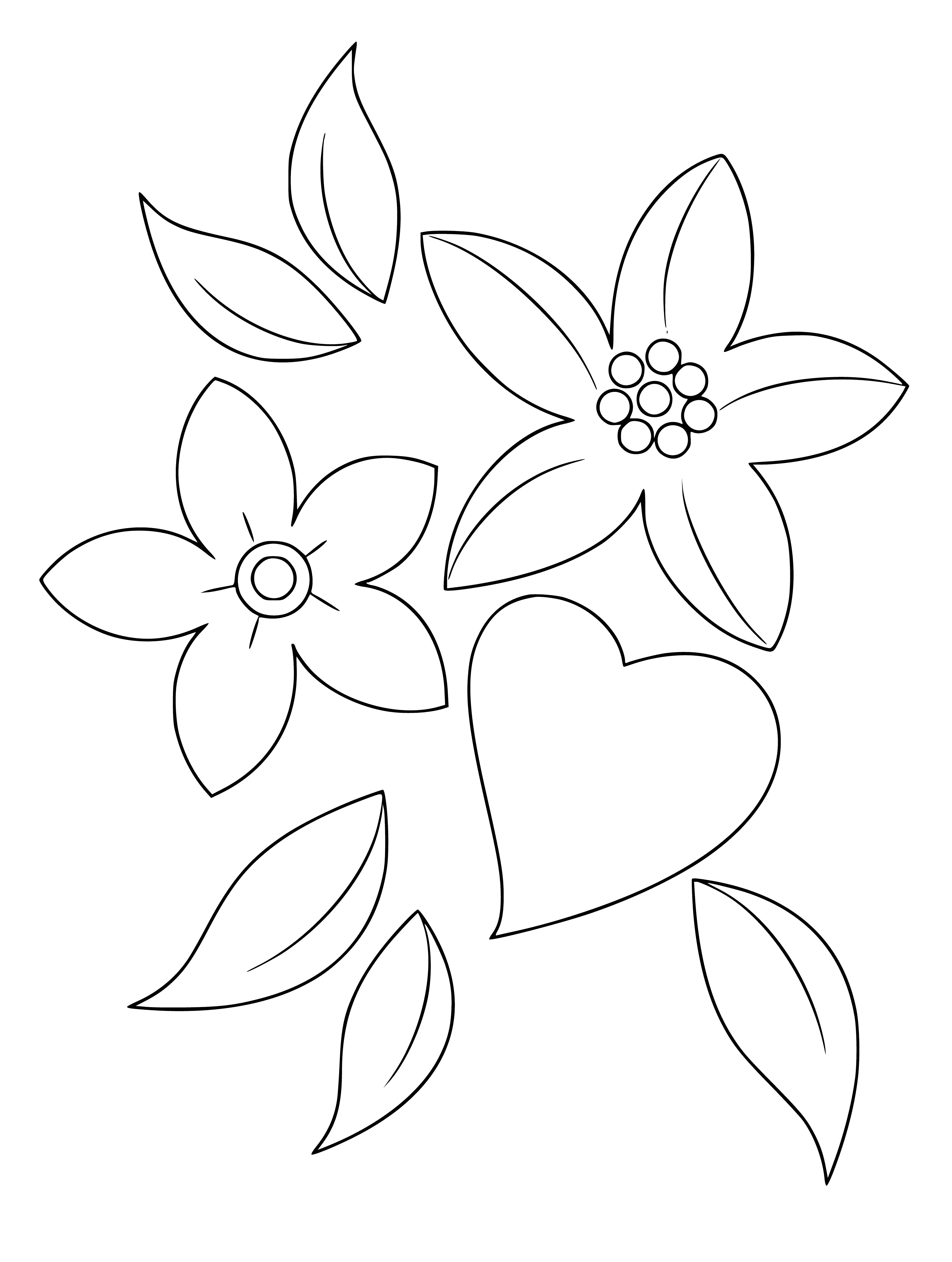 coloring page: A large red heart surrounded by flowers, with smaller hearts scattered around it.