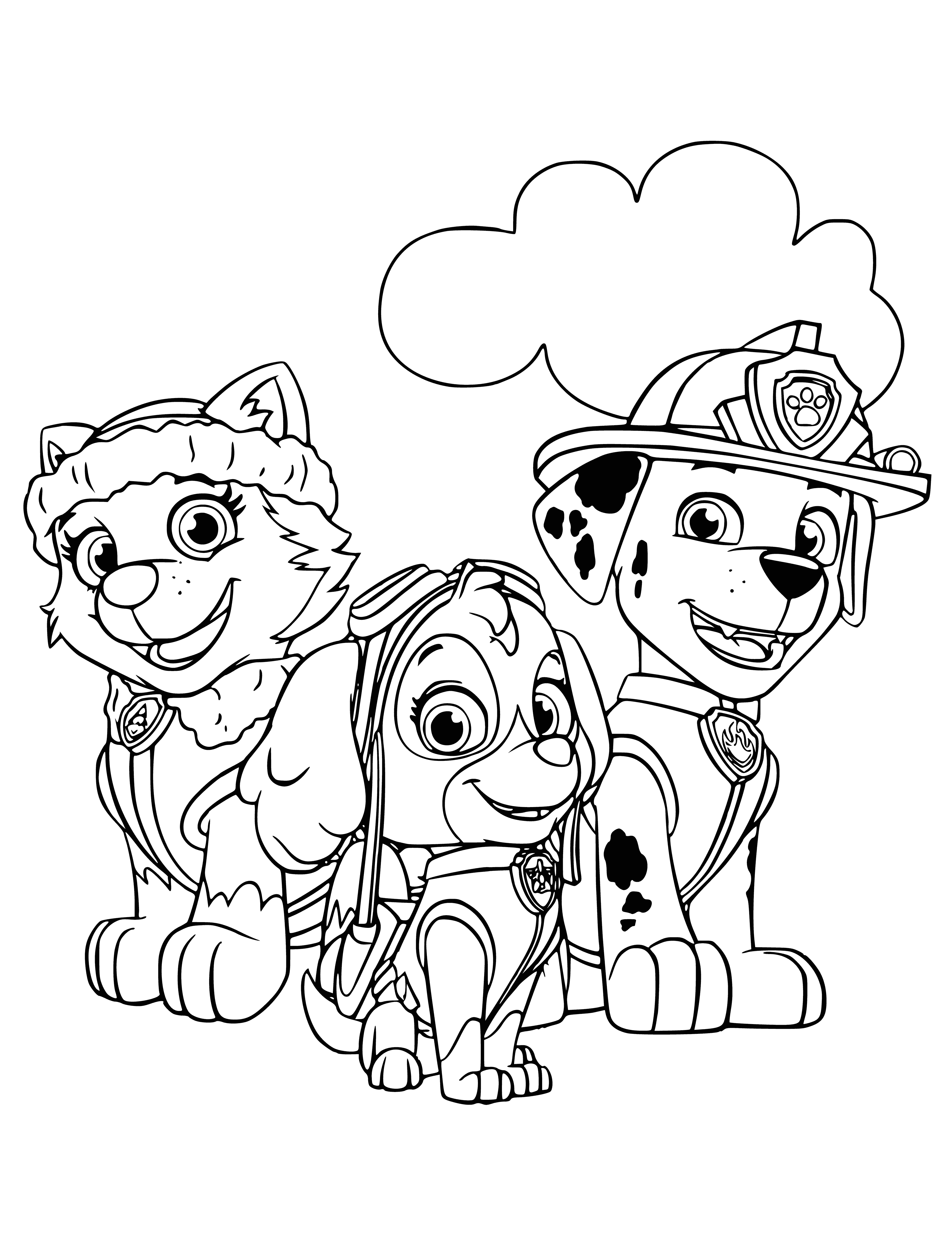 coloring page: The big dog stands atop a mountain with a blue backpack, white bone. The small dog flies in a pink helicopter, while the puppy runs with a red fire truck. #pets #adventure