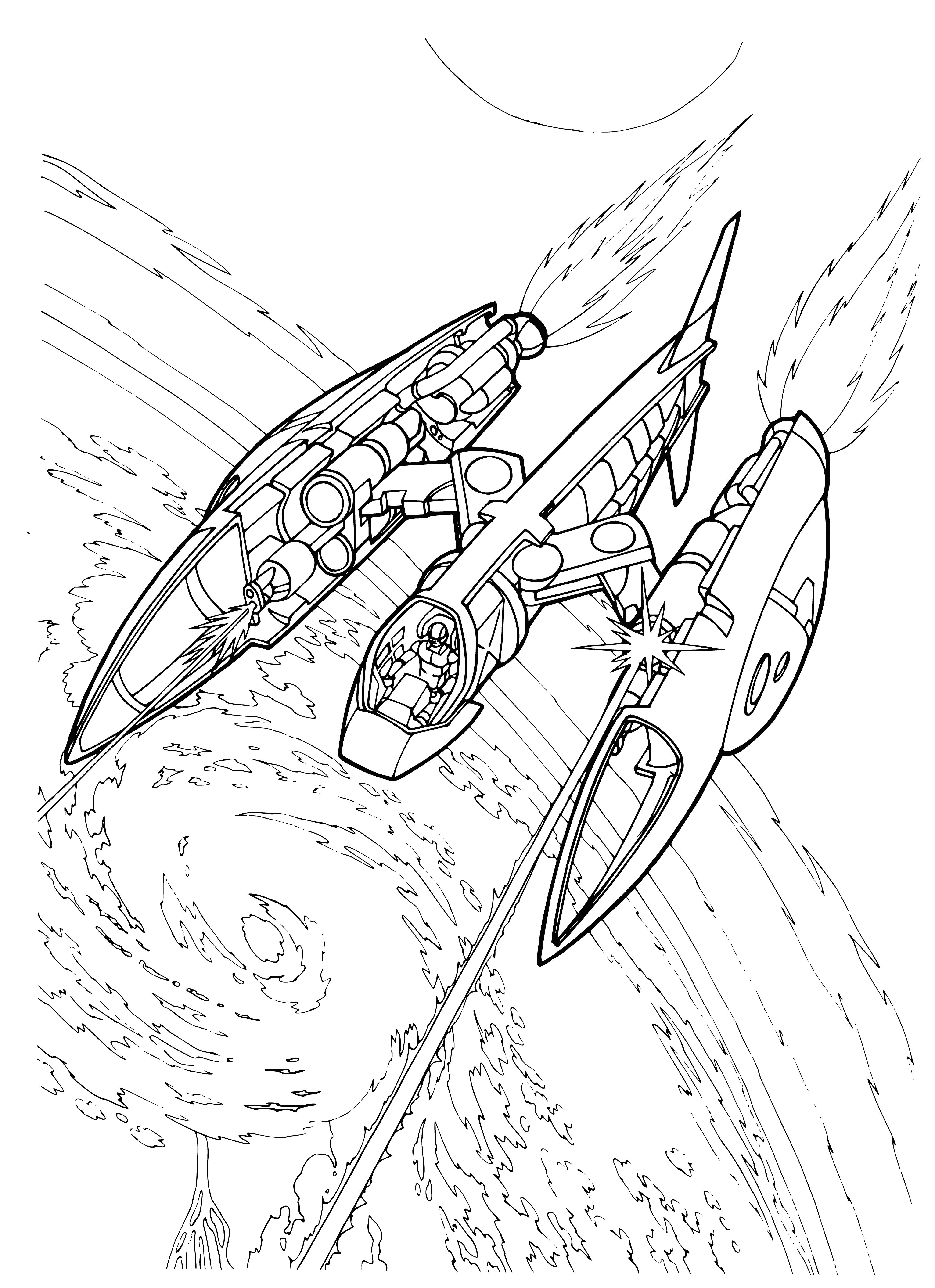 coloring page: Space fighter jets will be a common sight, with advanced tech and weapons to zip through the skies, making them a force to be reckoned with.