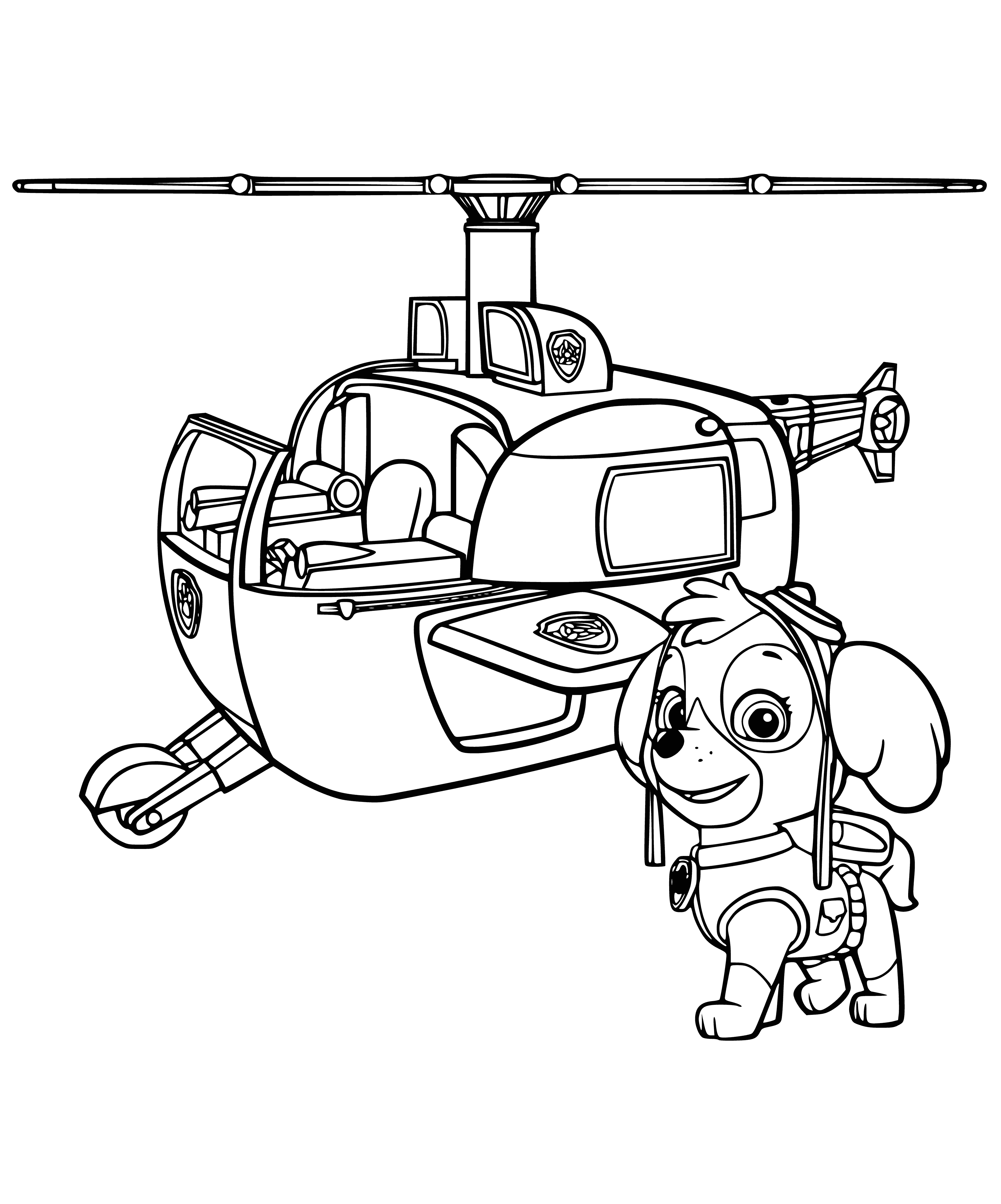 coloring page: Puppy flying a helicopter, pointing and looking down below.