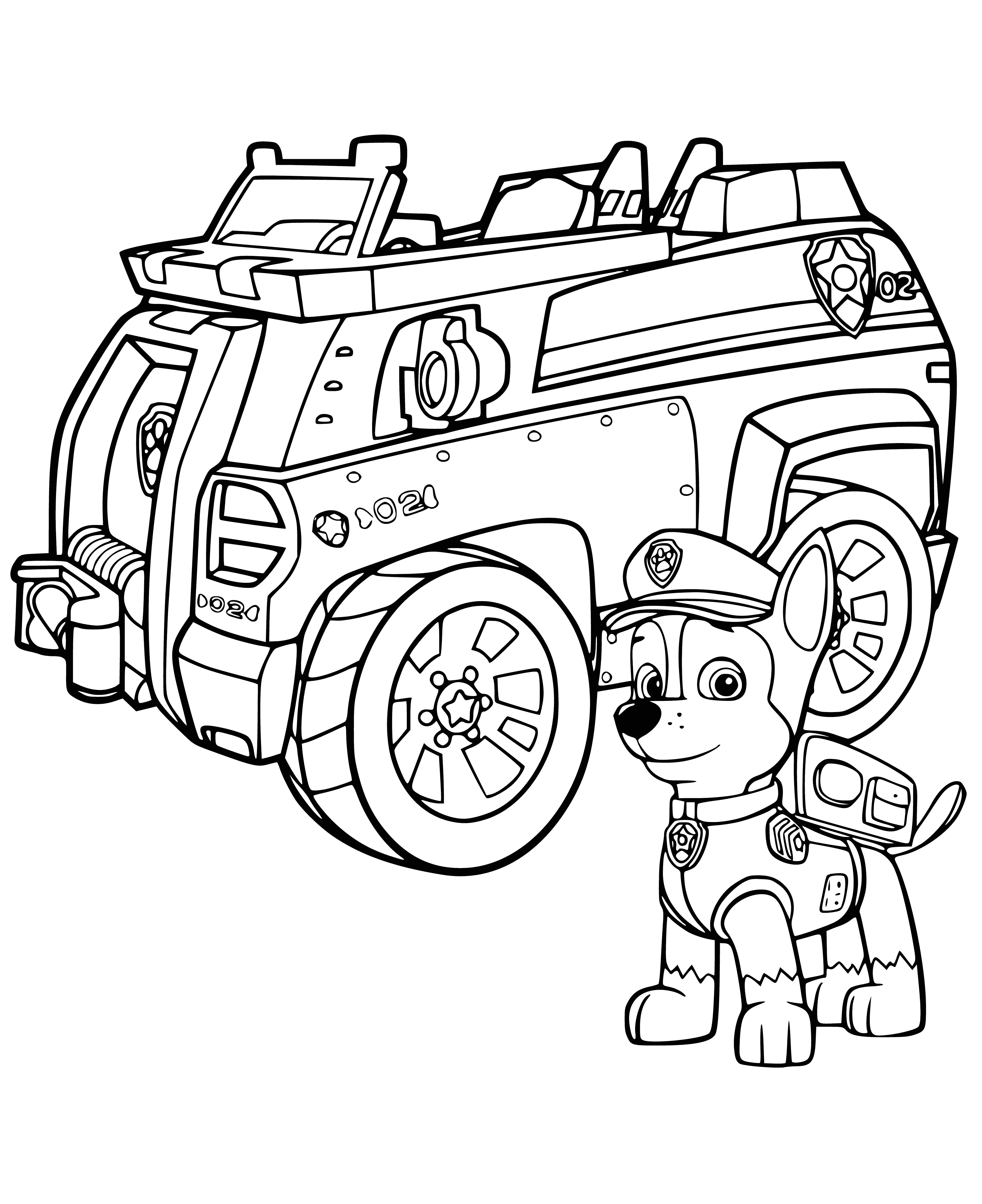 coloring page: Racer is ready to help friends in powerful Patrol car with speed! #race #gooddeeds