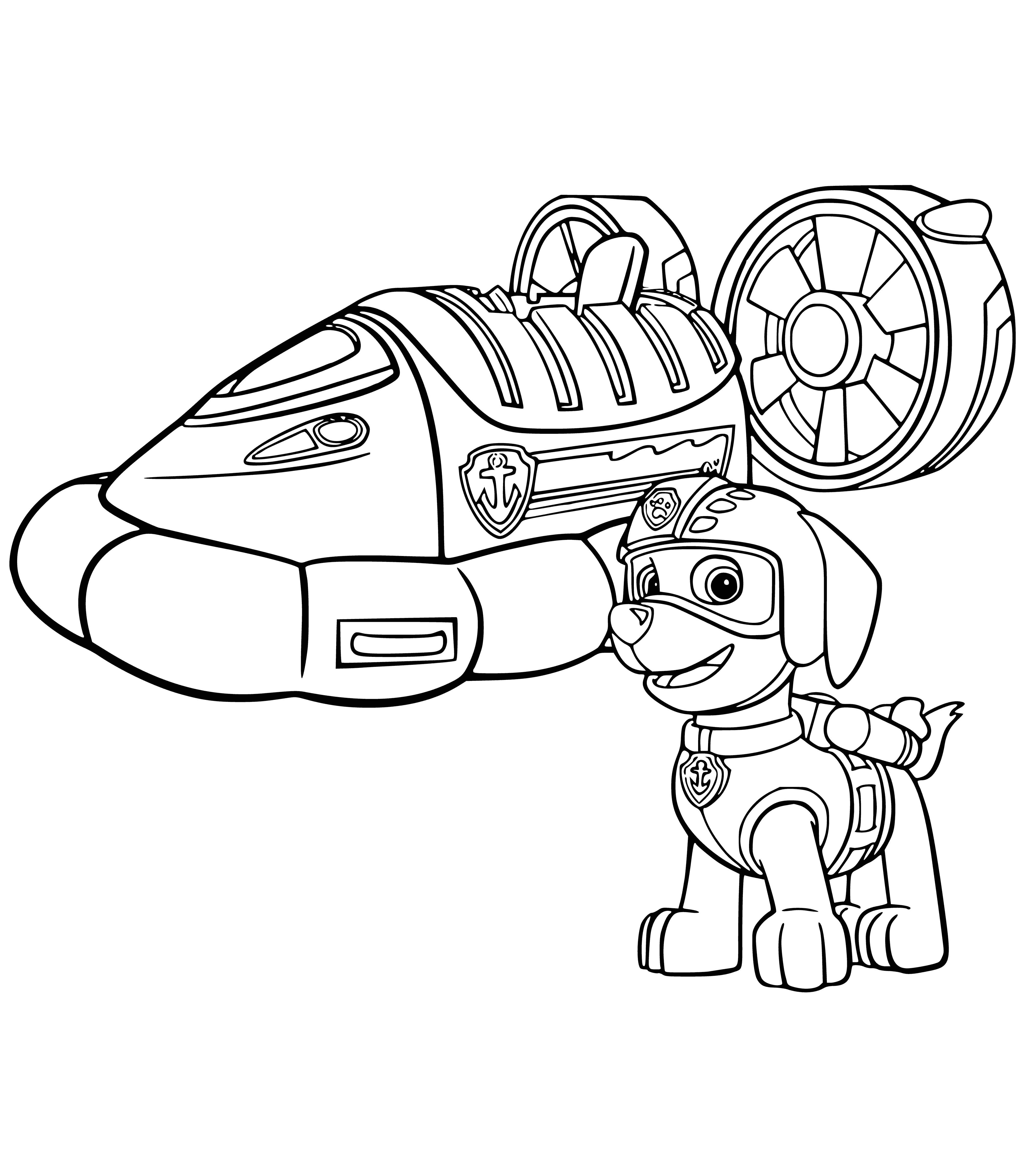 coloring page: 3" tall plastic Zuma w/ blue life jacket and orange boat (green bottom/white top) is from PAW Patrol series. Has black spots & tail and black handle.