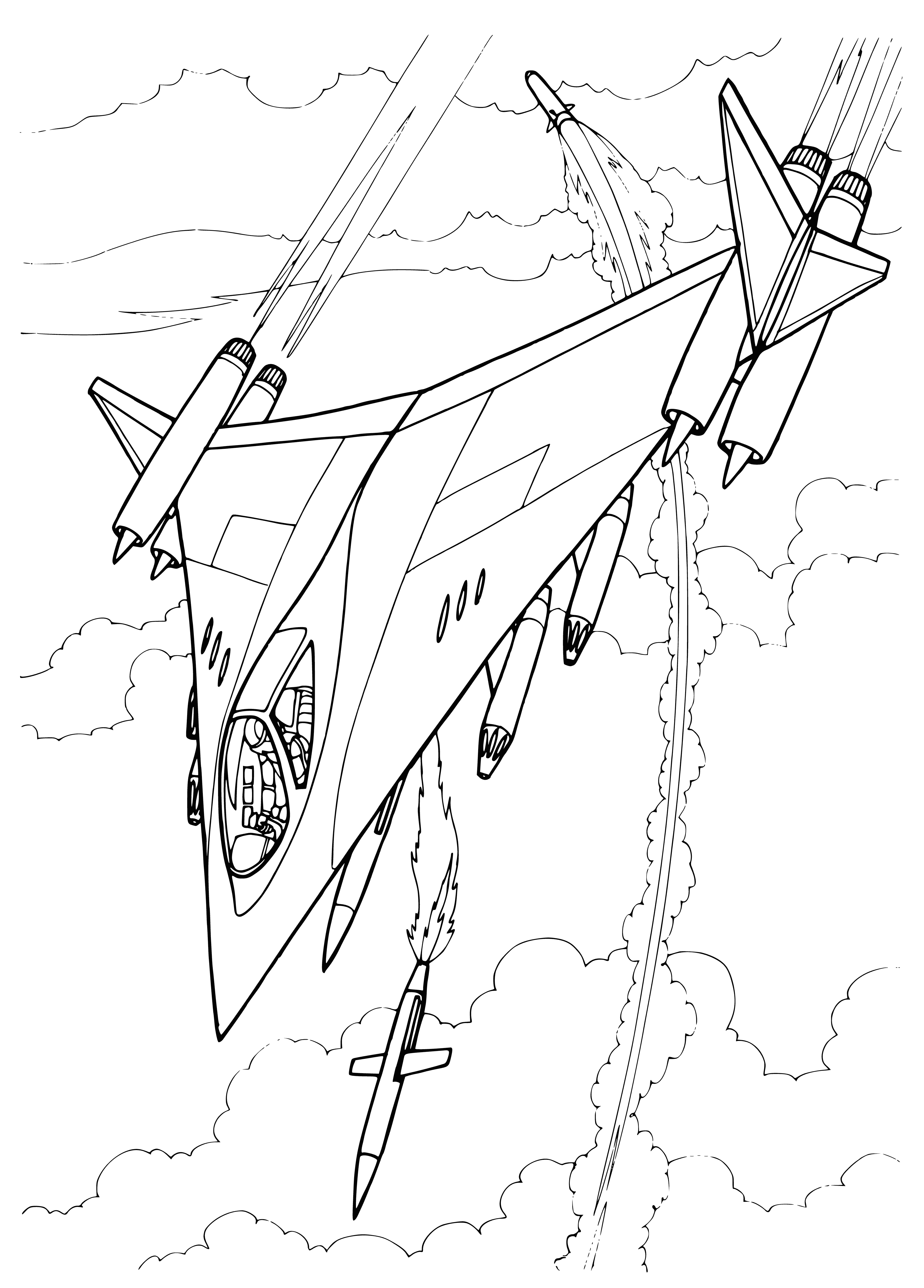 coloring page: The sky is deep blue & almost black. The sun is orange, featuring a small white dot. In the distance four stealth planes fly in formation; they're nearly invisible and headed straight for the sun.