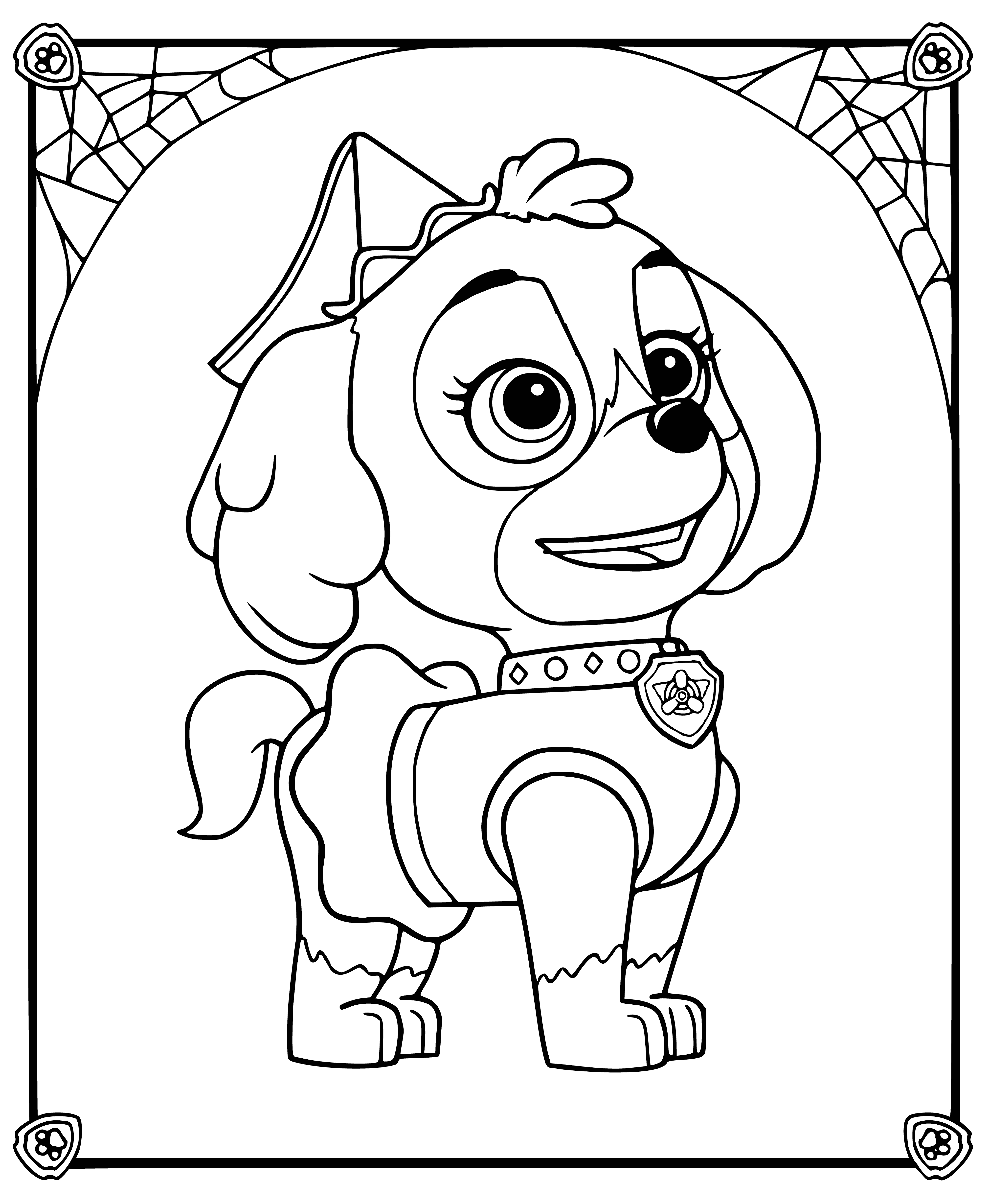 coloring page: The Paw Patrol is a group of four animals flying in a Princess airplane in colorful outfits: a red-caped dog, a green-caped cat, a purple-caped rabbit, and an orange-caped turtle!