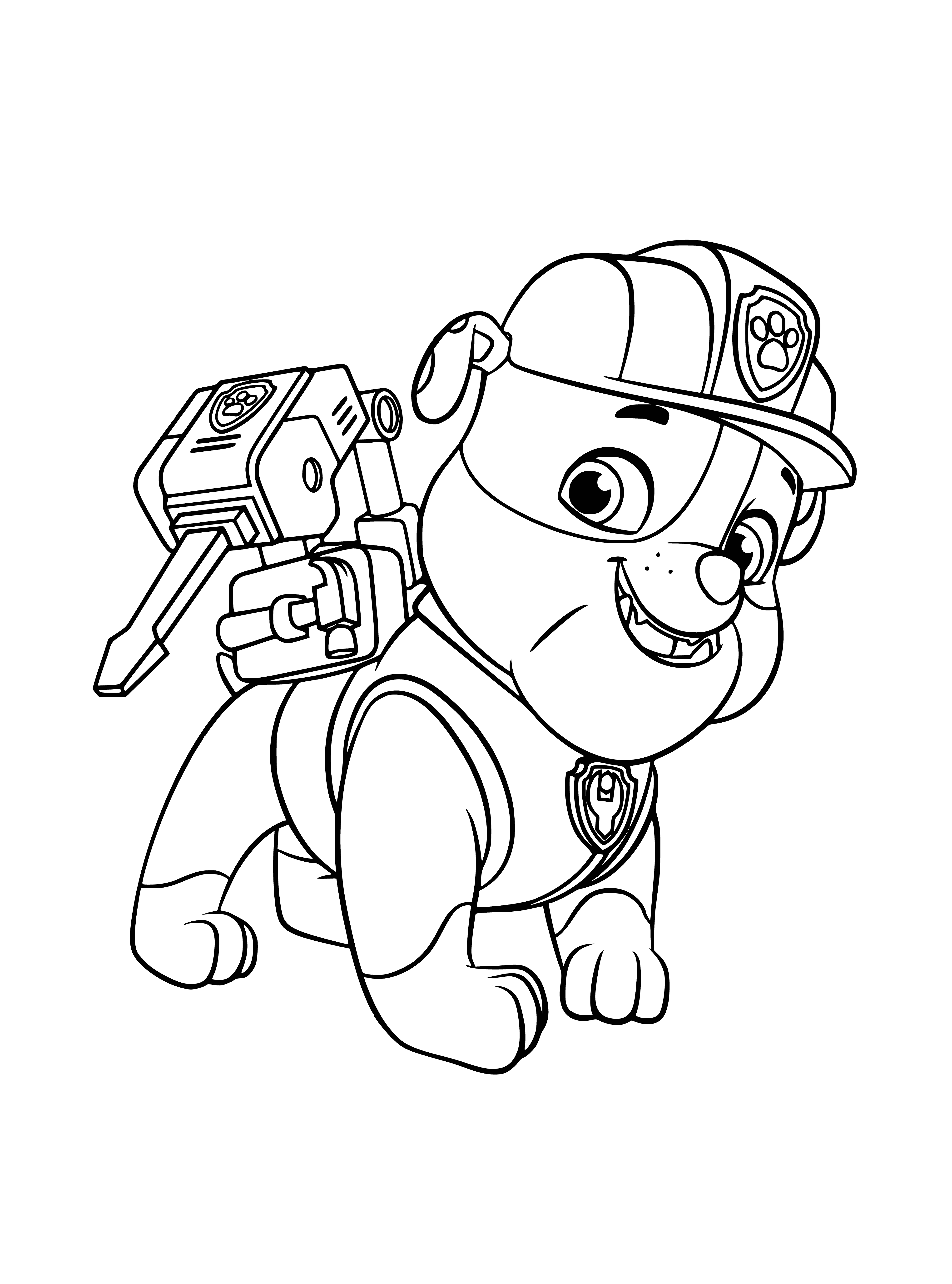 coloring page: Dog in red & yellow outfit w/ number 10 on front is operating jackhammer next to a colorful page. Mouth open wide as if ready to start.