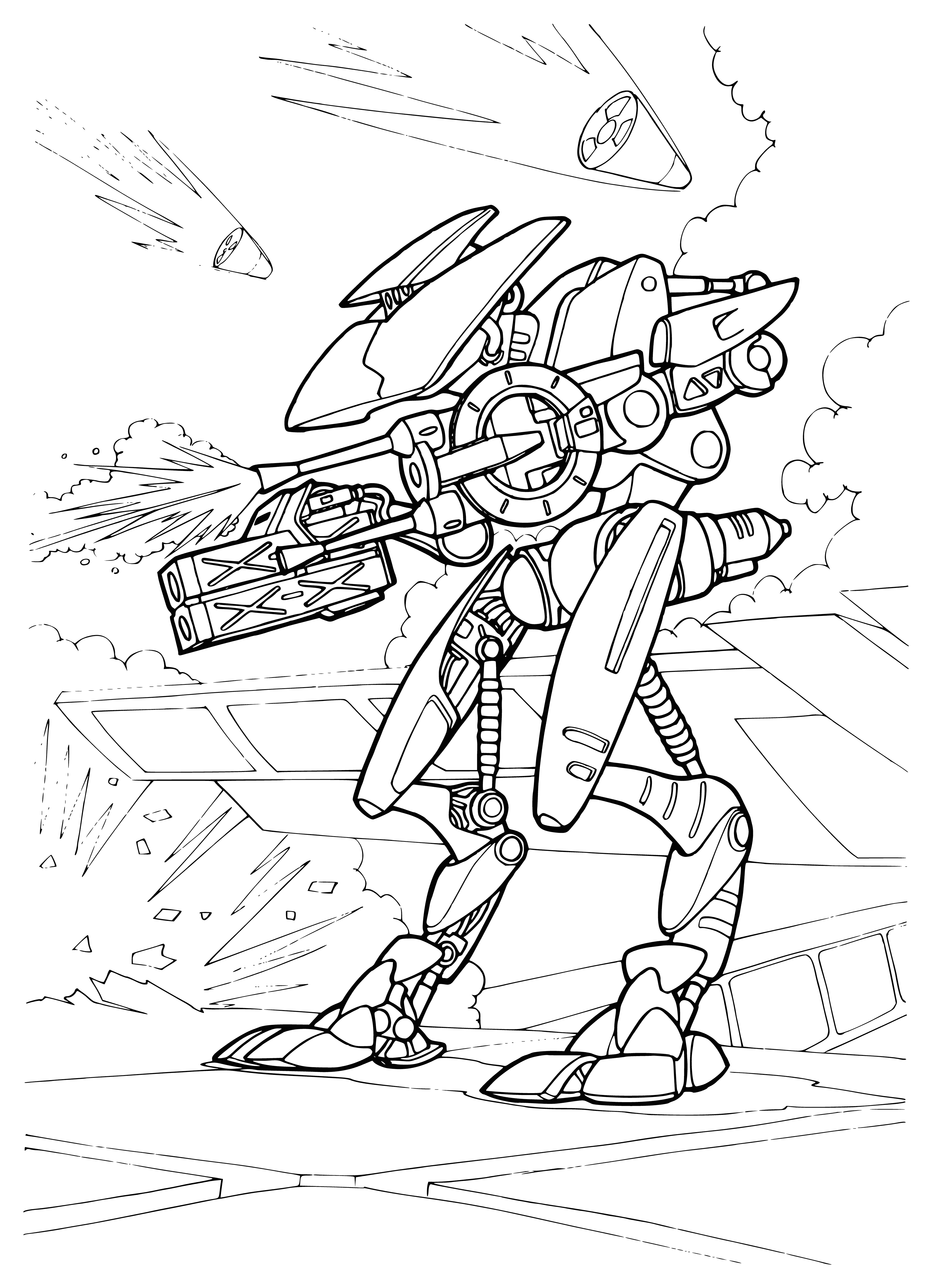 coloring page: Man faces off against mech. creature in dry, rocky landscape. He stands with rifle in tattered uniform, while creature fires from a distance.