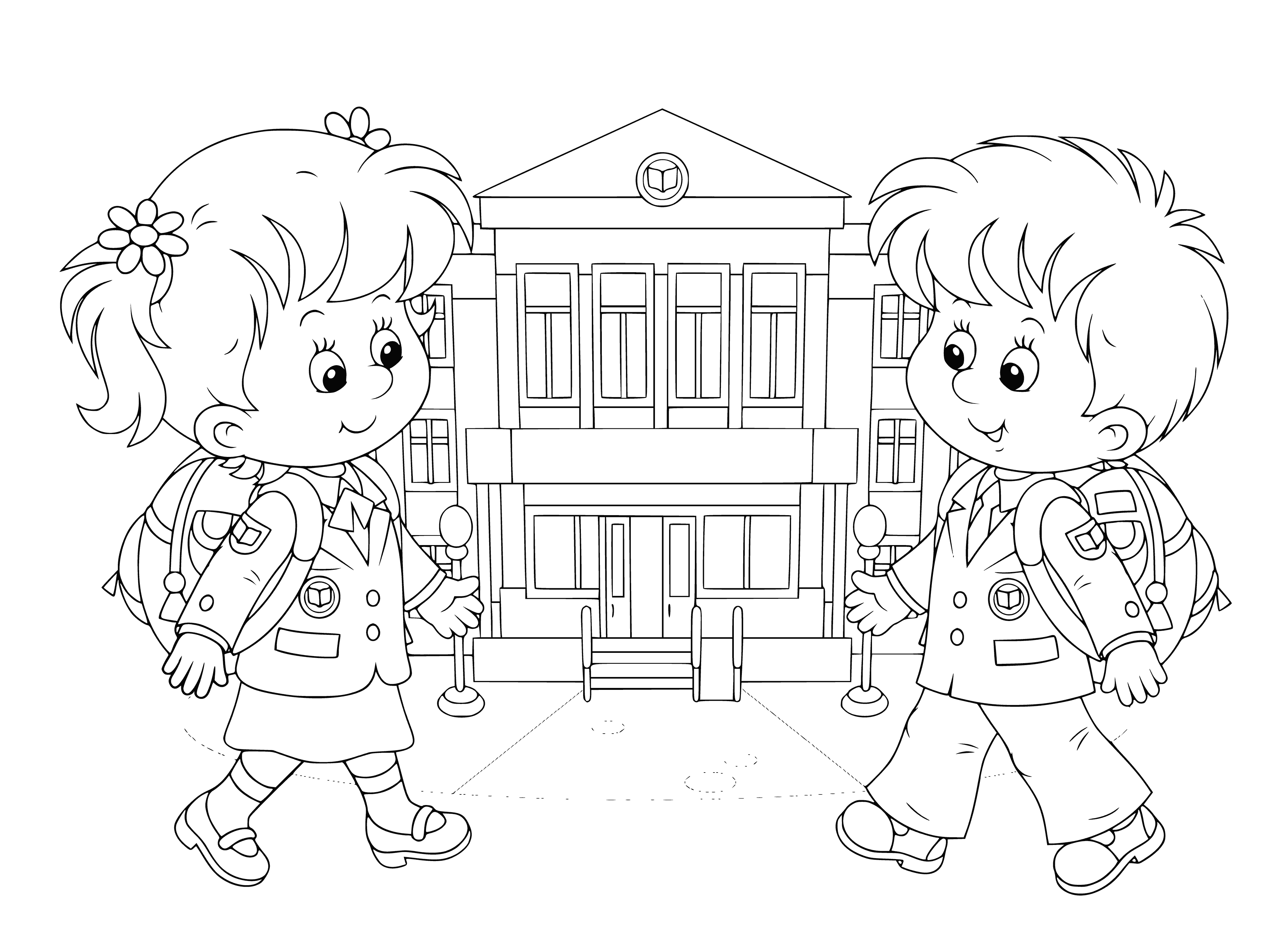 coloring page: Children excitedly enjoying a sunny morning as they start school. Wearing uniforms, backpacks in tow, they stand in front of their school building.