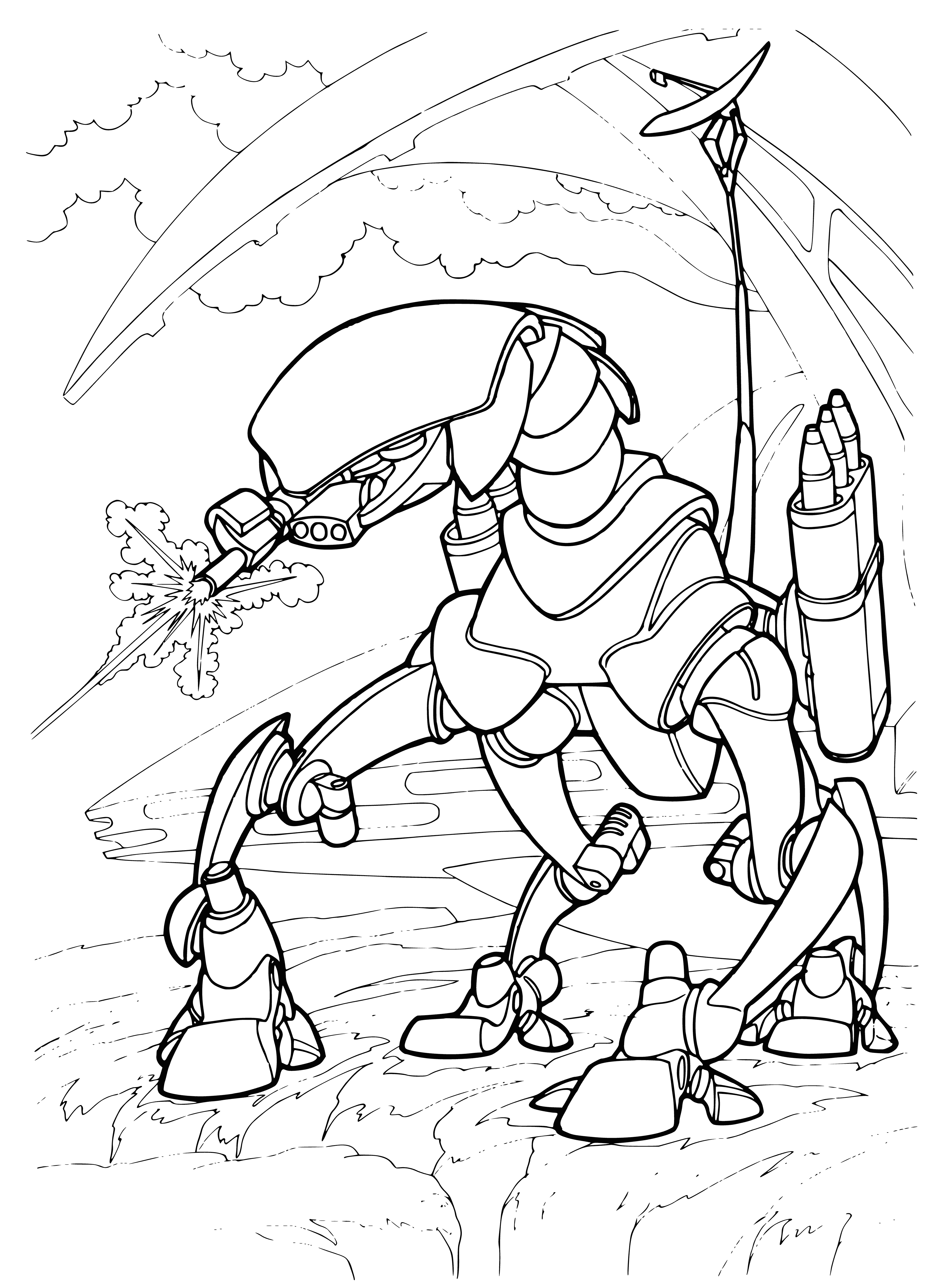 coloring page: Cyborgs battle for ultimate victory, no mercy shown as weaponry is used without limit in a violent, future world.