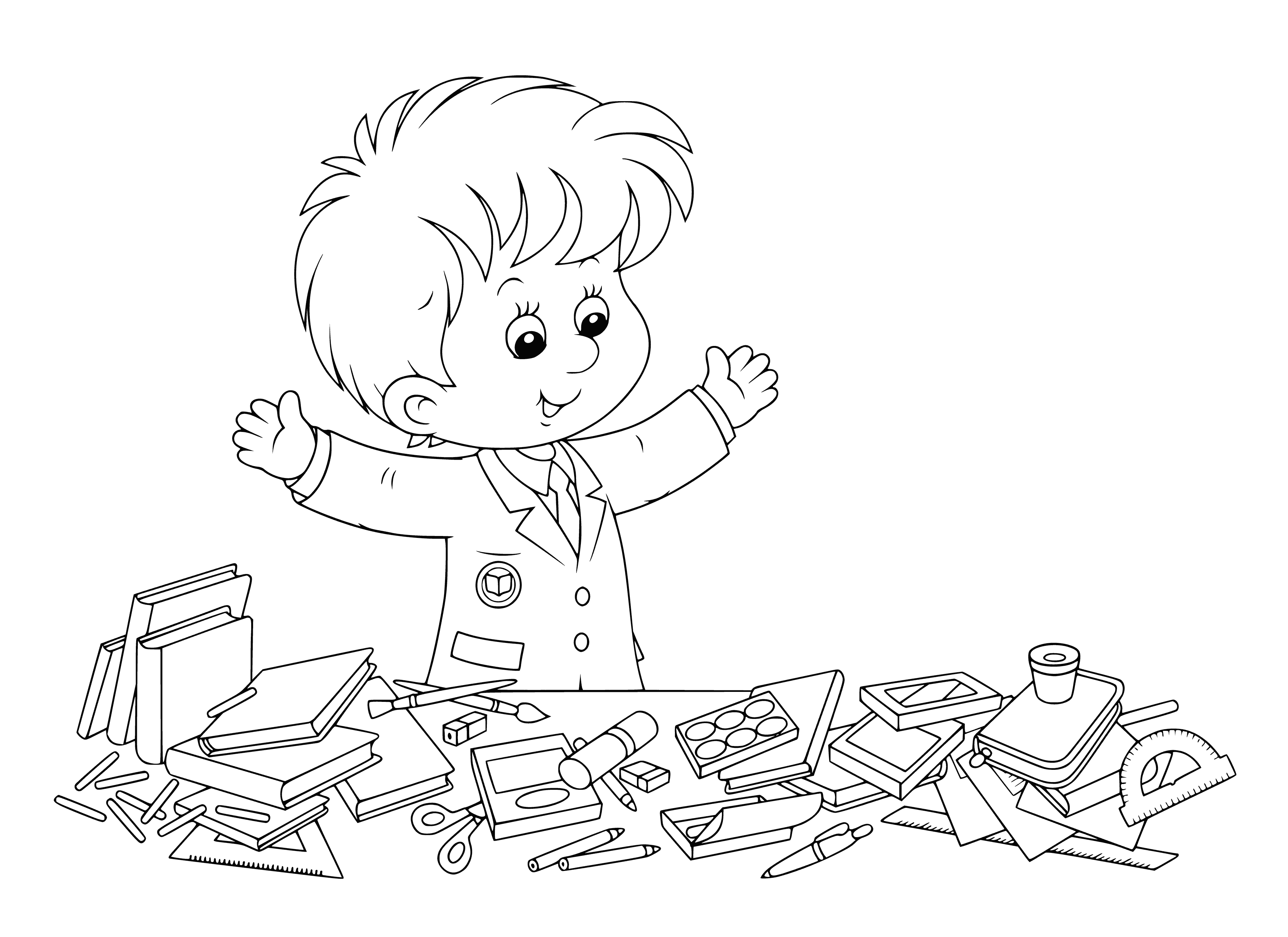 coloring page: Boy excited & nervous on first day of school, carrying briefcase & walking past lockers.