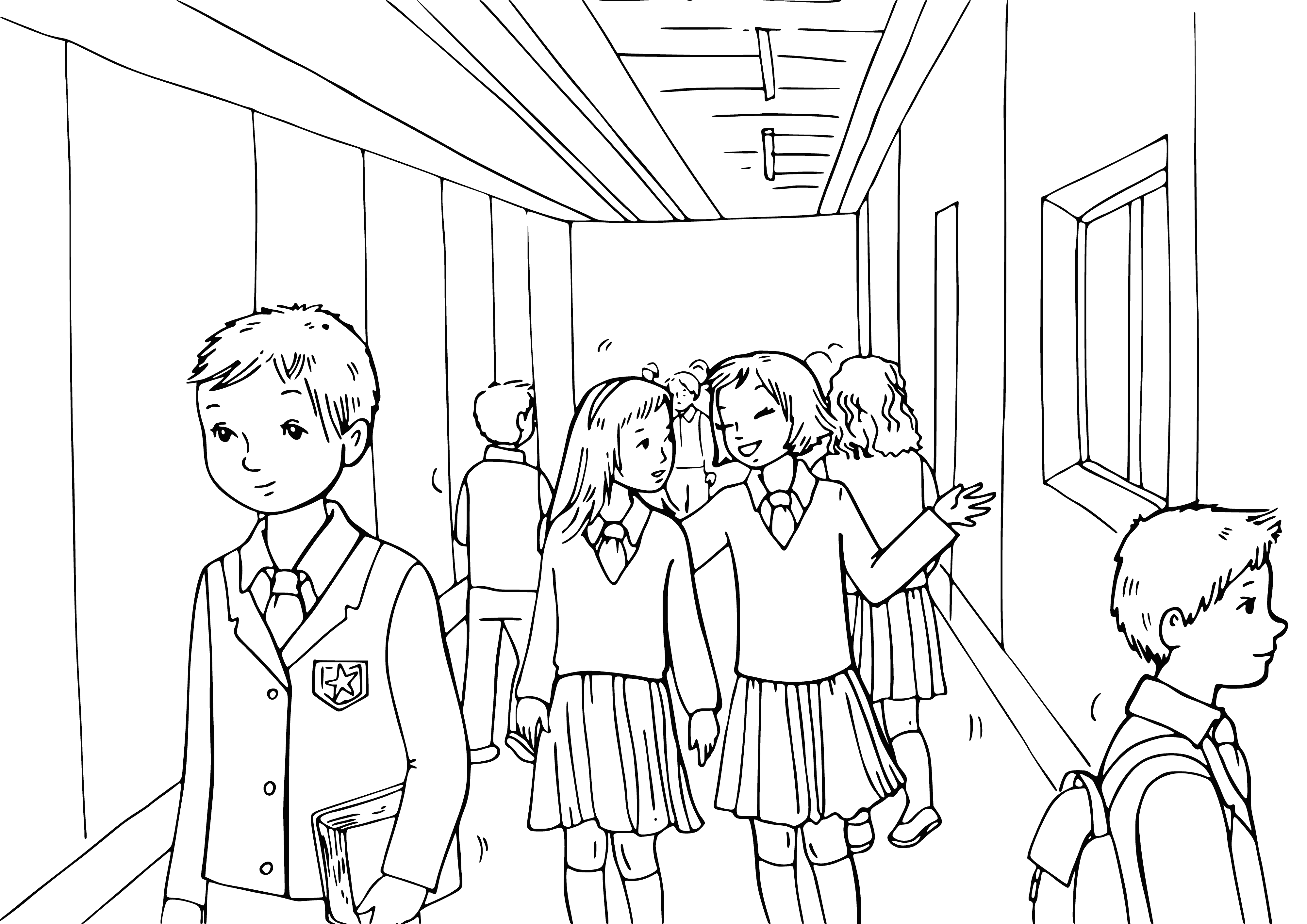 coloring page: Kids & adults standing outside school, waving goodbye as they head off for their break. Blue sky, trees, houses in background.
