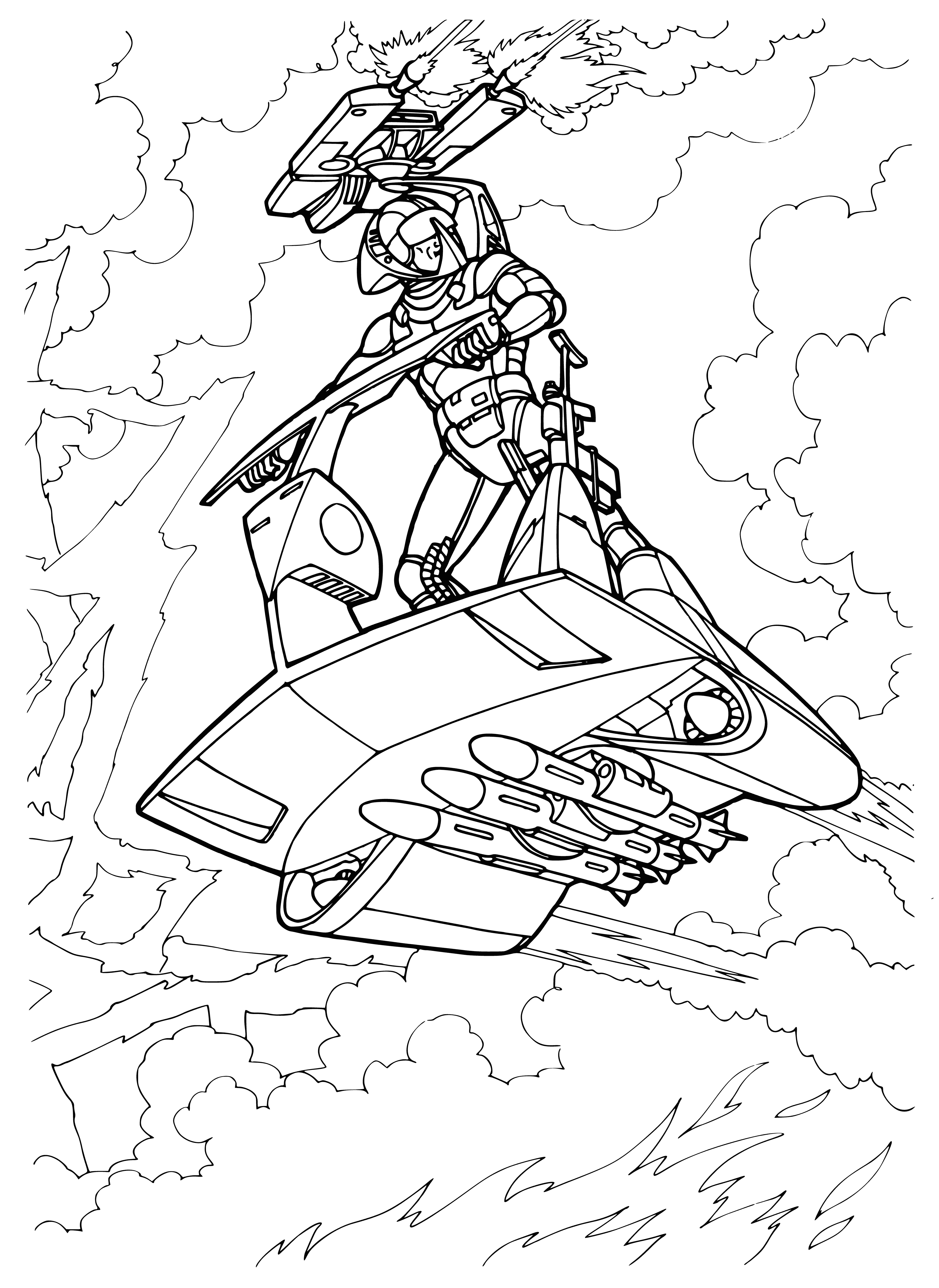 coloring page: Soldiers fight w/ advanced tech & hand-to-hand combat. High-tech weapons used to battle through a city, while another soldier fights up close with a knife.